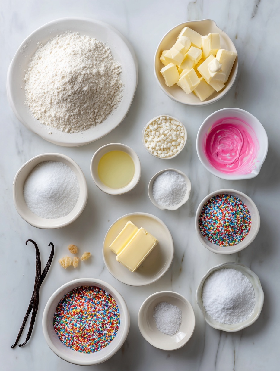 Flat lay of a simple white ceramic plate with a neat mound of all purpose flour, a small white bowl of granulated sugar, another small white bowl holding powdered sugar, two small white bowls containing almond milk, a small white bowl of softened vegan butter, a whole vanilla bean pod beside a tiny white bowl with pale vanilla extract, a pinch of baking powder, baking soda, and salt each presented as small neat piles on the white ceramic surface, a small white bowl filled with vibrant vegan-friendly pink food coloring, and a scattering of colorful sprinkles arranged symmetrically, all ingredients fresh and natural, placed on a clean white marble surface, soft natural light, photo taken with an iPhone, professional food photography style, fresh ingredients, white ceramic bowls, no bottles, no duplicates, no utensils, no packaging --ar 2:3 --v 7 --p m7354615311229779997