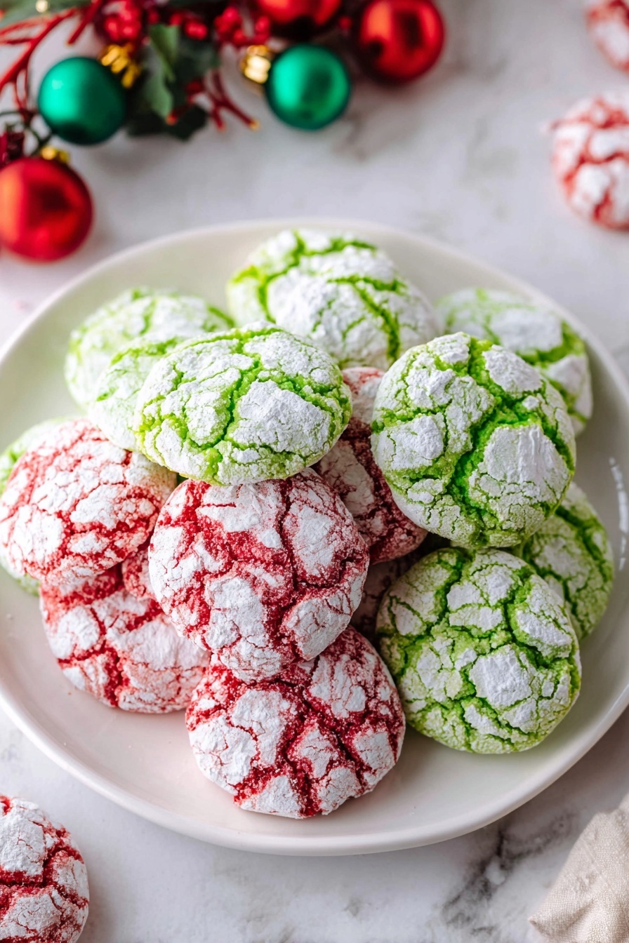 A white plate is filled with two kinds of cracked cookies stacked in a loose pile: one kind is bright green with white powdered sugar cracks, and the other is bright red with white powdered sugar cracks. The cookies have a slightly rough and powdery texture on top. The plate sits on a white marbled surface with some holiday decorations partially visible around it, including green and red bells and festive plants. The scene is bright and colorful, evoking a festive, holiday feel photo taken with an iphone --ar 2:3 --v 7