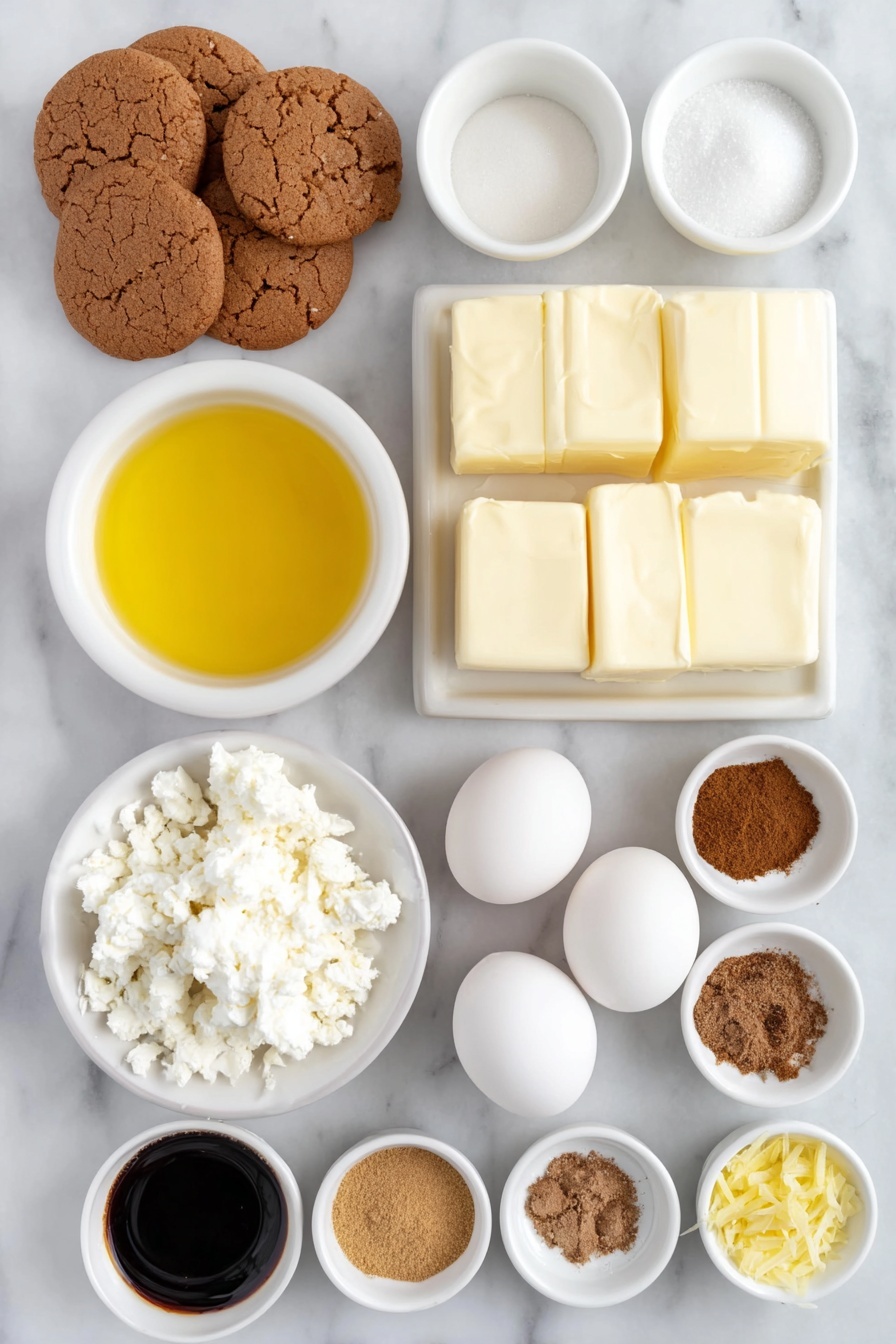 Flat lay of a few whole gingersnap cookies, a small pile of golden melted butter in a white ceramic bowl, a small mound of granulated sugar, a pinch of kosher salt on the white ceramic surface, three blocks of creamy softened cream cheese, four whole uncracked brown eggs, two whole uncracked egg yolks in a white ceramic bowl, melted white chocolate in a small white bowl, a small white bowl with vanilla extract, a neat heap of ground ginger, a tiny heap of ground cloves, a small pile of ground nutmeg, a small heap of ground cinnamon, a small mound of freshly grated lemon zest, and molasses in a small white ceramic bowl, all arranged in perfect symmetry on a clean white marble surface, soft natural light, photo taken with an iPhone, professional food photography style, fresh ingredients, white ceramic bowls, no bottles, no duplicates, no utensils, no packaging --ar 2:3 --v 7 --p m7354615311229779997
