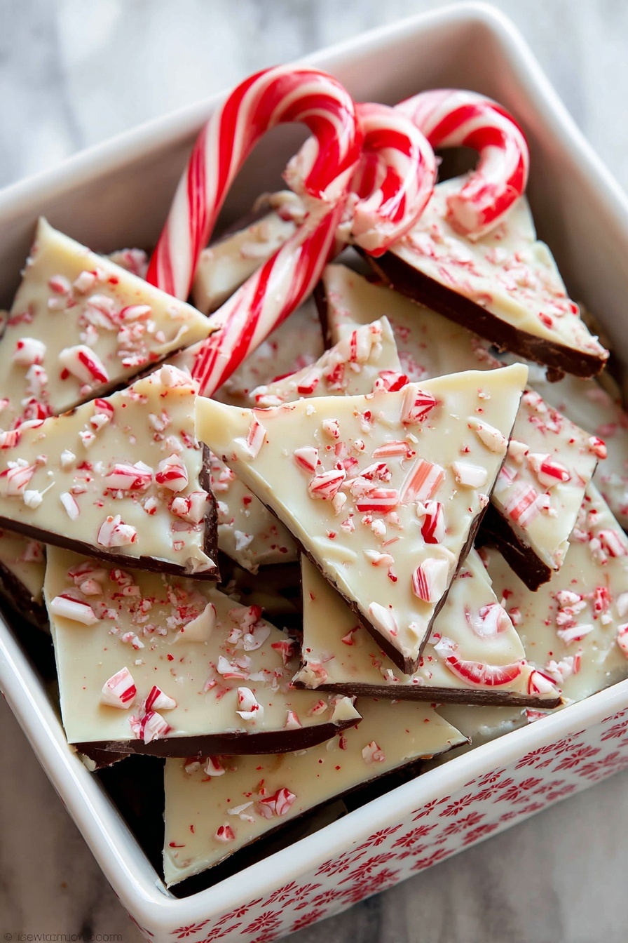 A white square dish filled with multiple pieces of peppermint bark, each piece having two distinct layers: a bottom layer of smooth dark brown chocolate and a top layer of creamy white chocolate sprinkled with crushed red and white peppermint candy pieces; the pieces are arranged close together, some square and some triangular, and there are two whole red and white striped candy canes placed in the dish; the dish has small red floral patterns inside and is set on a white marbled texture; photo taken with an iphone --ar 2:3 --v 7