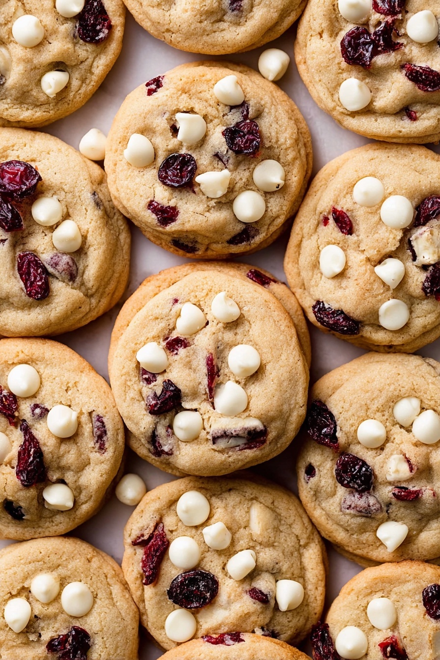 A close-up view of many round cookies stacked together, each cookie having a soft, light brown base with a slightly textured surface. White chocolate chips float on top irregularly, contrasting with dark red dried cranberries embedded in the dough. The cookies have uneven edges and small cracks, showing a chewy texture. They are placed directly on a white marbled surface, filling the whole frame with no empty spaces. Photo taken with an iphone --ar 2:3 --v 7