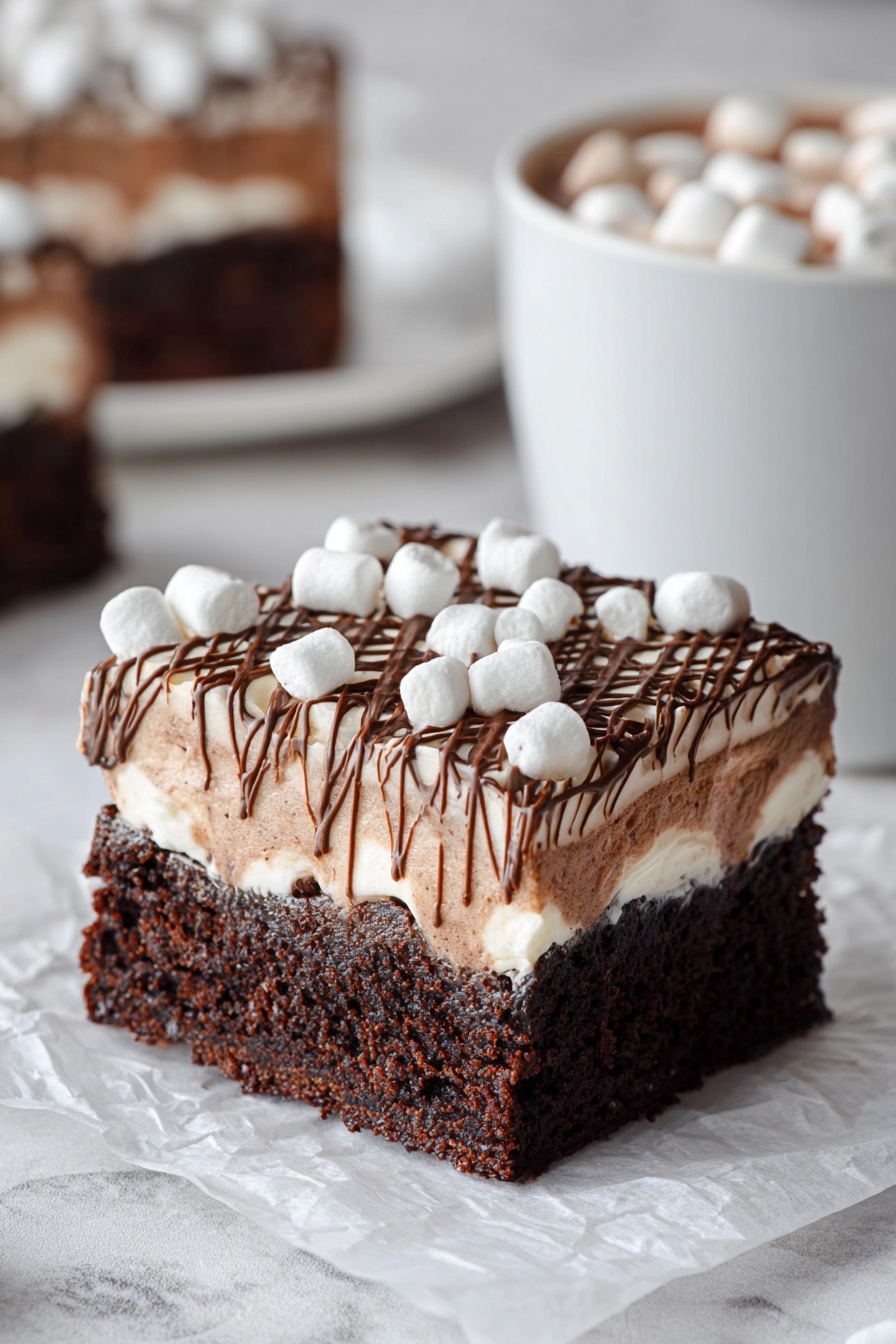 The image shows a square piece of chocolate cake with three main layers. The bottom layer is dark chocolate cake with a moist texture. The middle layer is white cream mixed with some chocolate sauce, making it look soft and rich. The top layer is a light brown chocolate frosting with a grid pattern made from chocolate drizzle, and small white marshmallows are placed on top evenly. The cake piece sits on light brown parchment paper over a wooden board, with some marshmallows scattered around. In the background, there is a white bowl and a blurred second piece of the same cake. The whole scene is set on a white marbled surface. photo taken with an iphone --ar 2:3 --v 7