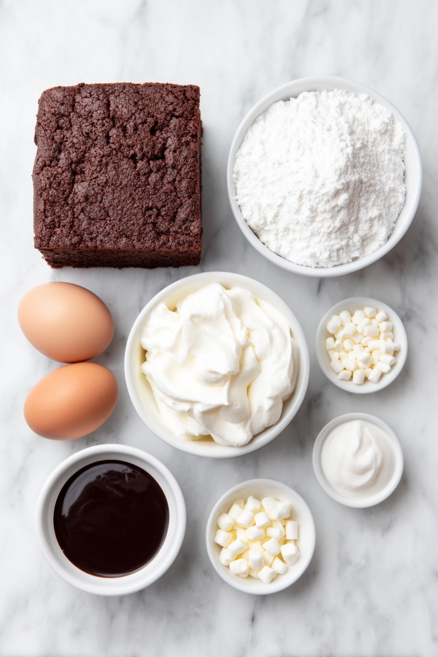 Flat lay of a square rich chocolate cake with a deep dark brown crumb, two whole brown eggs with smooth shells, a small white bowl of fine cocoa powder, a small white bowl with glossy dark hot fudge sauce, a small white bowl of fluffy white marshmallow fluff, a small white bowl of smooth white whipped topping, a small white bowl of clear water, and a handful of tiny white marshmallow bits scattered neatly beside the bowls, all arranged in perfect symmetry on a clean white marble surface, soft natural light, photo taken with an iPhone, professional food photography style, fresh ingredients, white ceramic bowls, no bottles, no duplicates, no utensils, no packaging --ar 2:3 --v 7 --p m7354615311229779997