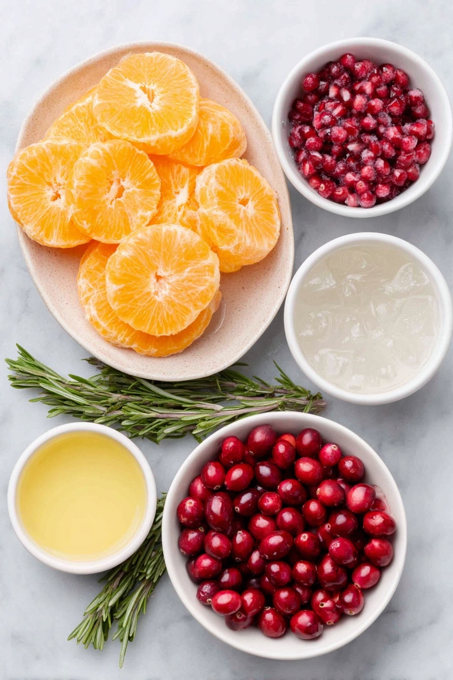 Flat lay of a small white ceramic bowl filled with fresh red cranberries, a simple white ceramic plate holding thinly sliced bright orange rounds, a small white ceramic bowl of shiny ruby red pomegranate seeds, a small white ceramic bowl of deep red cranberry juice, a small white ceramic bowl with vibrant orange juice, a small white ceramic bowl containing translucent lemon-lime soda with bubbles visible, a small white ceramic bowl of clear white rum, and a few fresh green rosemary sprigs arranged neatly, all placed on a clean white marble surface, soft natural light, photo taken with an iPhone, professional food photography style, fresh ingredients, white ceramic bowls, no bottles, no duplicates, no utensils, no packaging --ar 2:3 --v 7 --p m7354615311229779997