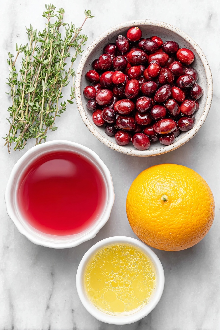 Flat lay of fresh whole cranberries scattered beside a small white ceramic bowl filled with bright red cranberry juice, another small white bowl containing vibrant orange juice, a third small white bowl with bubbly golden ginger kombucha, a whole uncut fresh orange, and a few sprigs of green rosemary and thyme artfully arranged, all placed on a clean white marble surface, soft natural light, photo taken with an iPhone, professional food photography style, fresh ingredients, white ceramic bowls, no bottles, no duplicates, no utensils, no packaging --ar 2:3 --v 7 --p m7354615311229779997