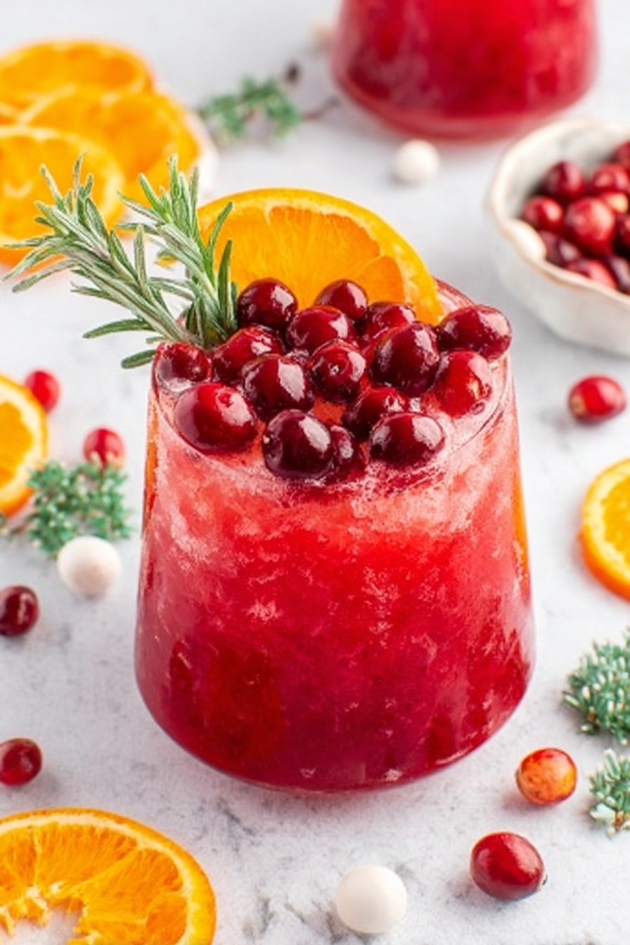 A clear, angular-shaped glass filled with a bright red crushed ice drink sits on a white hexagonal coaster on a white marbled surface. The top layer is decorated with a half slice of dried orange tilted against the glass rim, a small bunch of fresh red cranberries filling the top, and a sprig of green rosemary standing upright beside the orange slice. Around the glass, there are scattered fresh cranberries, two whole dried orange slices, and sprigs of pine and greenery adding a festive touch. Photo taken with an iphone --ar 2:3 --v 7