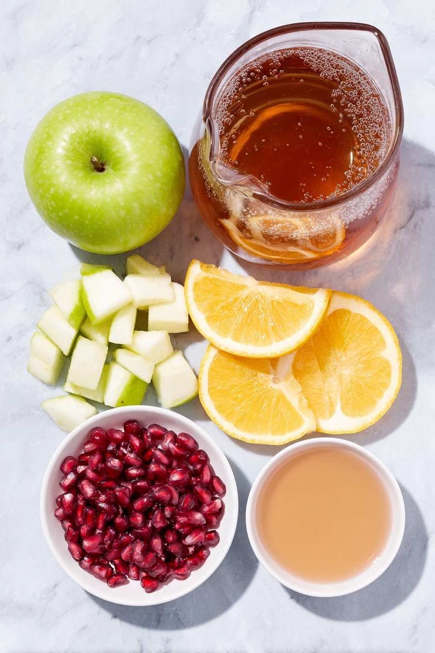 Flat lay of fresh whole Granny Smith apple cut into small pieces, thin bright orange slices, vibrant lemon wedges, a small pile of glossy red pomegranate arils, a small white ceramic bowl filled with deep ruby pomegranate juice, another small white ceramic bowl with golden apple juice, and a large clear glass pitcher with sparkling ginger ale shown as bubbles rising, all arranged with perfect symmetry on a clean white marble surface, soft natural light, photo taken with an iPhone, professional food photography style, fresh ingredients, white ceramic bowls, no bottles, no duplicates, no utensils, no packaging --ar 2:3 --v 7 --p m7354615311229779997