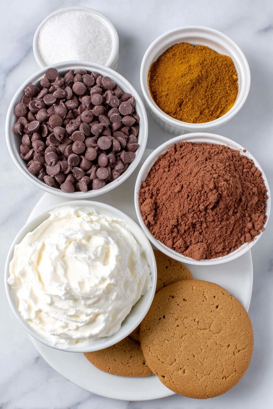Flat lay of a small pile of fresh milk chocolate chips, a small white ceramic bowl filled with rich cocoa powder, a small white ceramic bowl of golden molasses, a small white ceramic bowl of granulated white sugar, a small white ceramic bowl holding warm brown ground ginger, a small white ceramic bowl of finely ground nutmeg, a small mound of fluffy whipped cream on a plain white ceramic plate, a single round gingerbread cookie with visible spices on a simple white ceramic dish, placed on a clean white marble surface, soft natural light, photo taken with an iPhone, professional food photography style, fresh ingredients, white ceramic bowls, no bottles, no duplicates, no utensils, no packaging --ar 2:3 --v 7 --p m7354615311229779997