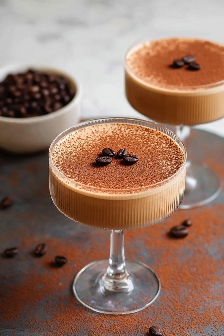 Two glasses of creamy coffee-colored dessert sit on a dark surface with a light dusting of cocoa powder around them. Each glass has two layers: a smooth light brown creamy layer at the bottom and a fine cocoa powder layer on top, decorated with three dark brown coffee beans in the center. The glasses are clear, with a delicate stem and subtle vertical ridges around the bowl. In the background, there is a small white bowl filled with dark brown coffee beans. The scene is set on a white marbled texture with soft, natural lighting. Photo taken with an iphone --ar 2:3 --v 7