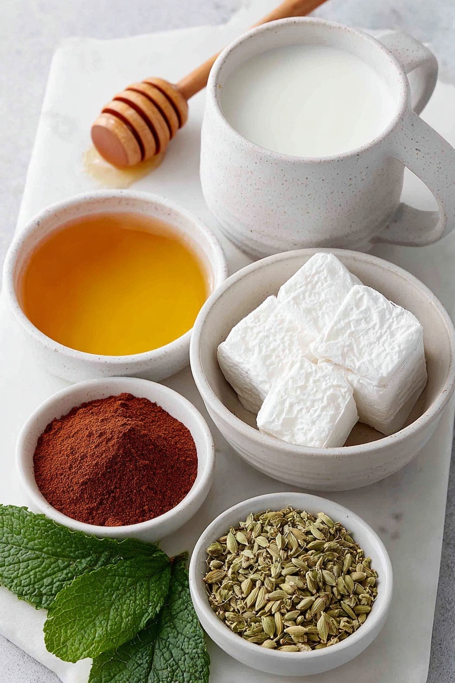 Flat lay of a small white ceramic bowl of golden honey, a small white ceramic bowl of ground cinnamon, a small white ceramic bowl of ground ginger, a small white ceramic bowl of ground cardamom, a white ceramic mug with two chai tea bags steeping in hot water, a white ceramic bowl of fresh whole milk, placed on a clean white marble surface, soft natural light, photo taken with an iPhone, professional food photography style, fresh ingredients, white ceramic bowls, no bottles, no duplicates, no utensils, no packaging --ar 2:3 --v 7 --p m7354615311229779997
