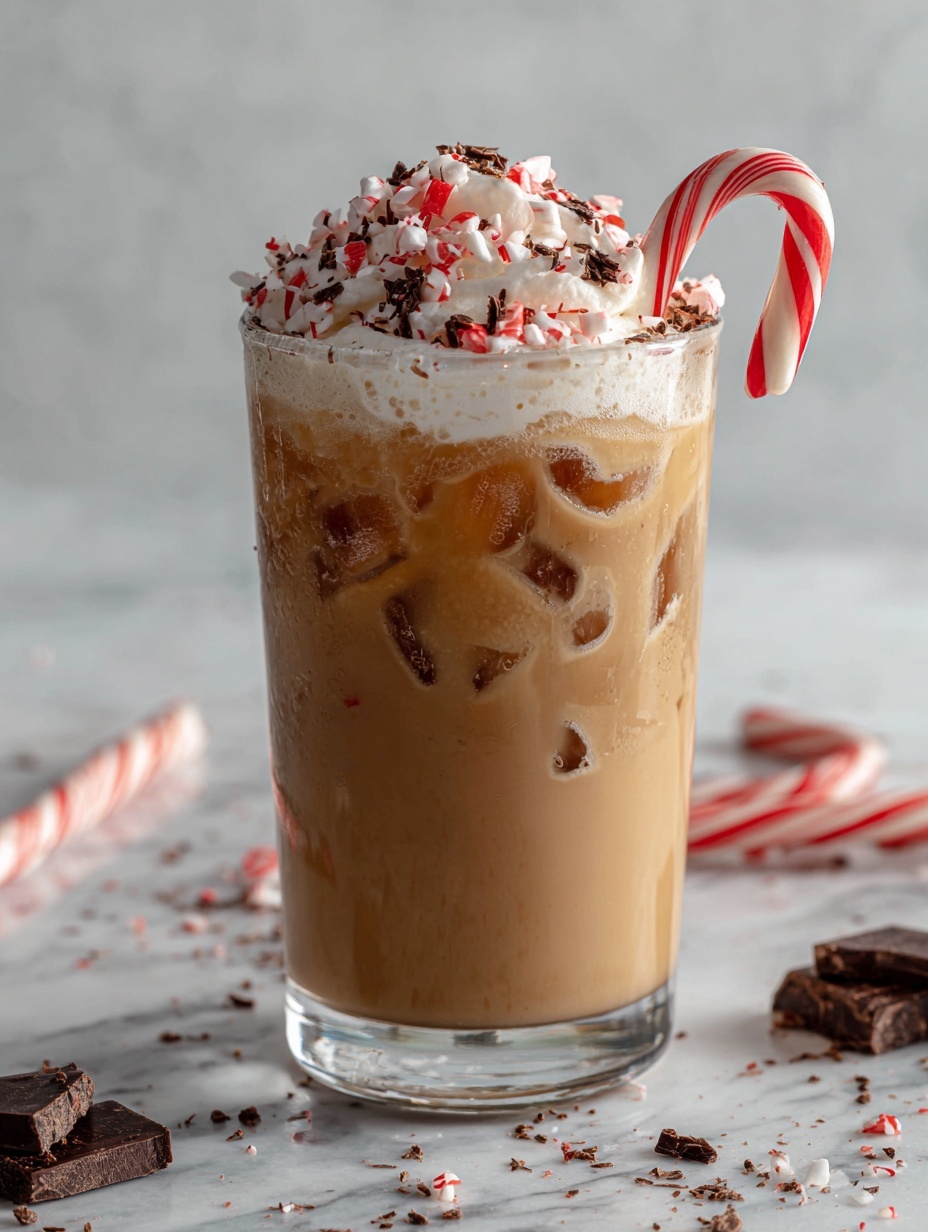 The image shows a clear glass filled with iced light brown coffee, with ice cubes visible inside. On top, there is a thick layer of fluffy white whipped cream sprinkled with small pieces of red and white peppermint candy and dark chocolate shavings. A red and white striped candy cane is hooked on the right side of the glass, partly submerged in the drink. The glass sits on a white marbled surface, with two more whole candy canes lying blurred in the background and broken pieces of chocolate and peppermint scattered around. photo taken with an iphone --ar 2:3 --v 7