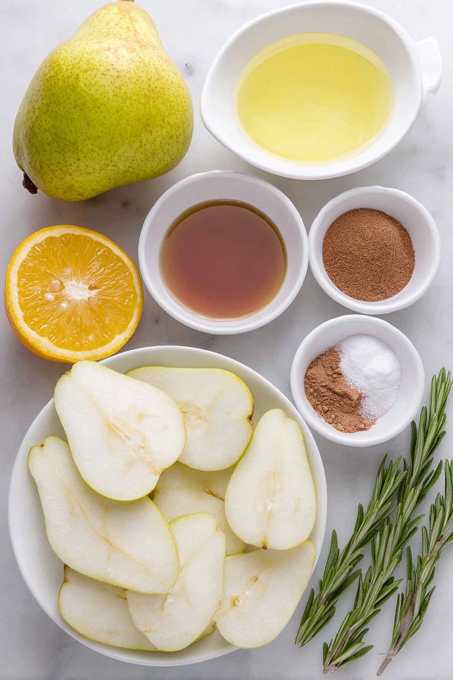 Flat lay of two medium D’Anjou pears sliced with skin on, one whole orange sliced with skin on, a small white bowl of extra virgin olive oil, a small white bowl of pure maple syrup, a small white bowl of ground cinnamon, a small white bowl of ground nutmeg, a small white bowl of ground allspice, a small white bowl of filtered water, a small white bowl of freshly squeezed orange juice, a small white bowl of additional pure maple syrup, a small white bowl with a pinch of ground cinnamon, and a few fresh rosemary sprigs arranged symmetrically, all ingredients fresh and natural, placed on a clean white marble surface, soft natural light, photo taken with an iPhone, professional food photography style, fresh ingredients, white ceramic bowls, no bottles, no duplicates, no utensils, no packaging --ar 2:3 --v 7 --p m7354615311229779997