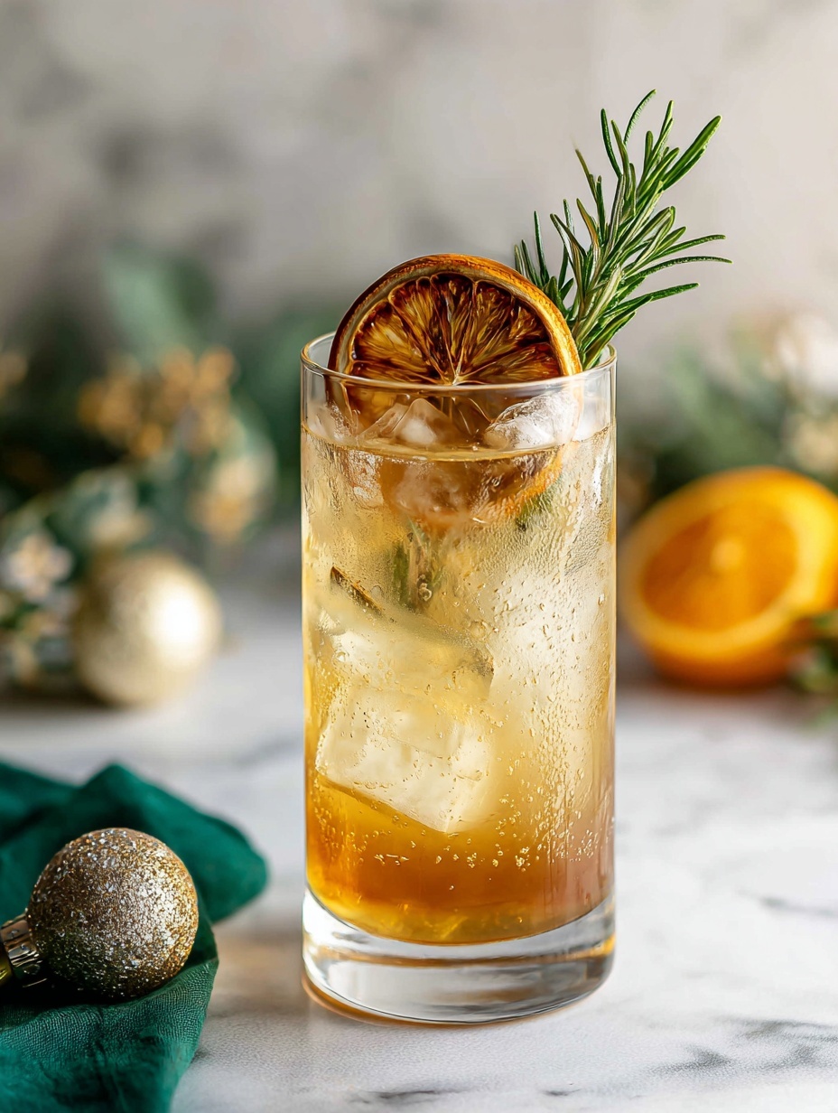 Two tall clear glasses of a brownish-orange drink are placed on a white marbled surface with green cloth and small decorations around them. Each glass has a layer of crushed ice at the bottom, followed by a deep amber liquid layer and some spice powder floating inside. Near the top, there is a slice of dried orange placed vertically against the glass, partly inside the drink, with a sprig of fresh green rosemary standing upright behind it. The background is softly blurred with warm brown tones. Photo taken with an iphone --ar 2:3 --v 7