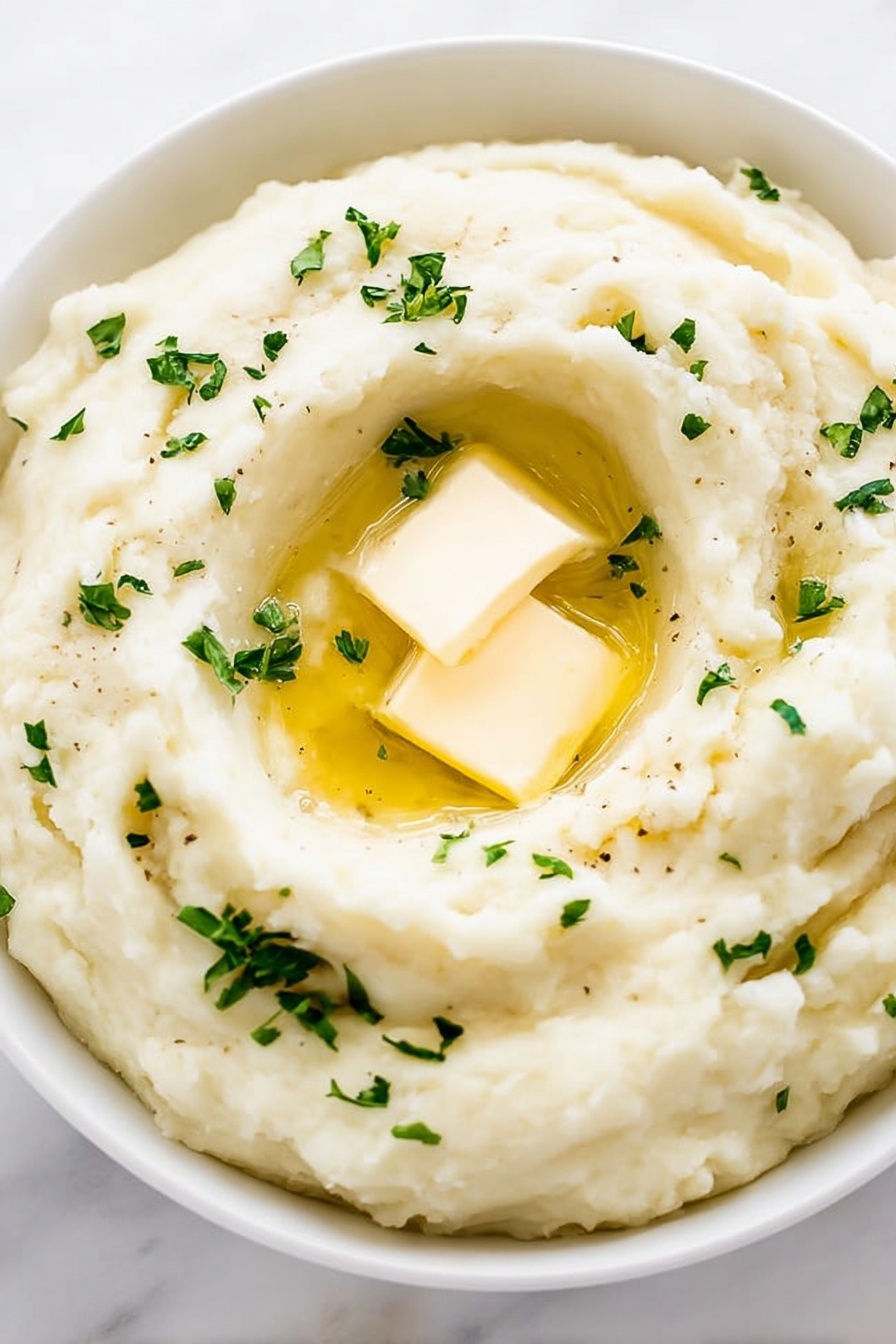 A close-up of a white bowl filled with creamy mashed potatoes topped with two small squares of melting butter in the center, surrounded by a drizzle of melted butter, and scattered small green parsley pieces on top and mixed gently within. The mashed potatoes have a smooth, fluffy texture with soft peaks creating light shadows. The bowl sits on a white marbled surface. photo taken with an iphone --ar 2:3 --v 7