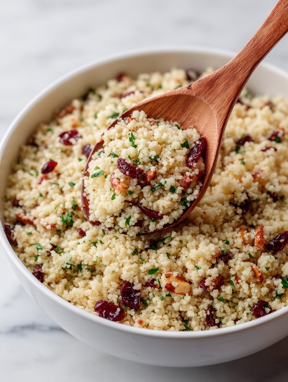 The image shows a mound of couscous salad served on a white plate, with small beige grains mixed with bright red dried cranberries, small green herb pieces, tiny light brown nuts, and chunks of white onion spread evenly throughout. In the middle, a small sprig of fresh mint with green leaves sits on top. The dish looks fluffy and textured, with a silver fork resting on the right side of the plate. In the background, there is a large white bowl filled with more of the same couscous salad, resting on a white cloth. The whole scene is set on a white marbled surface. photo taken with an iphone --ar 2:3 --v 7