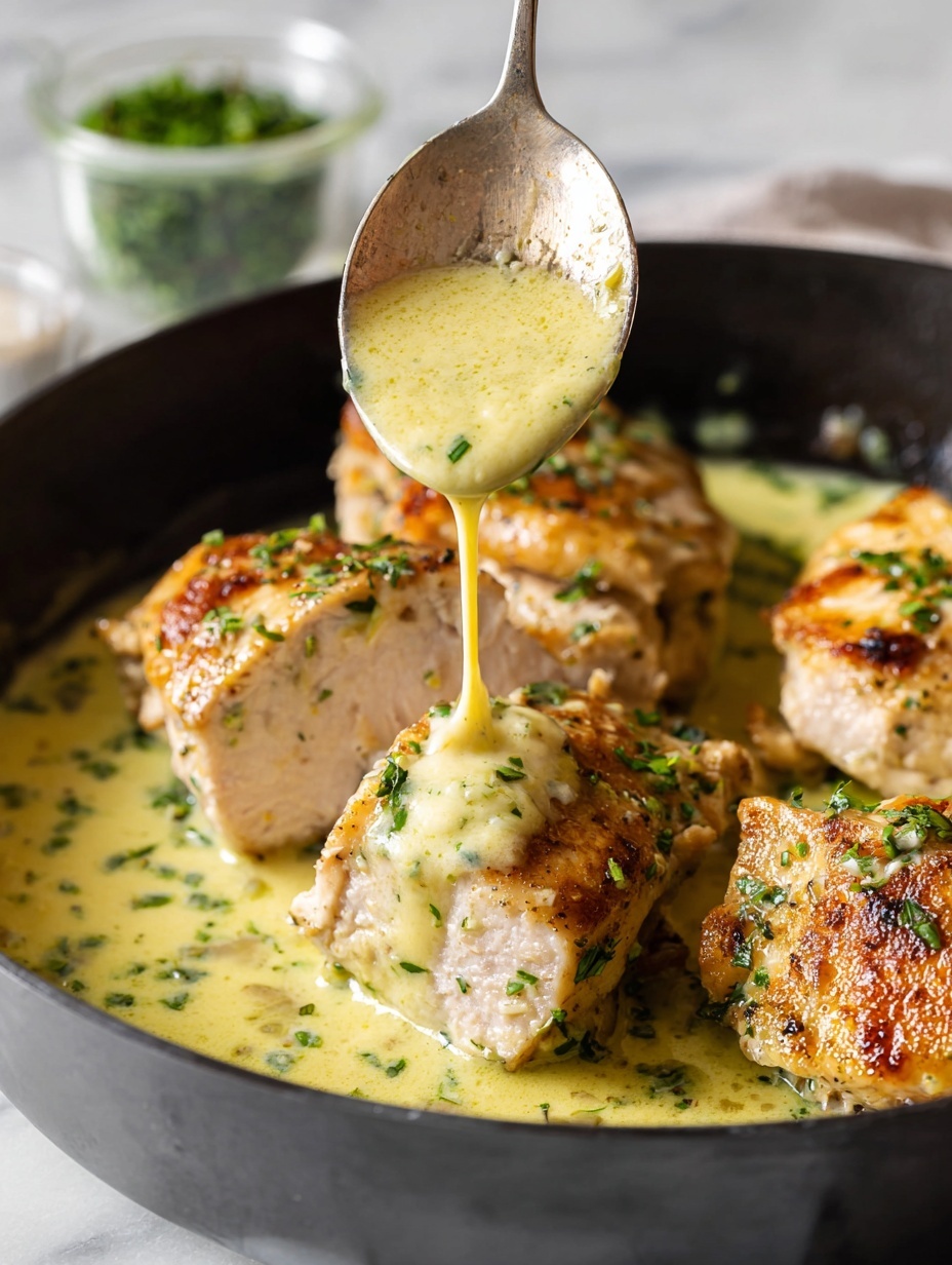 A black pan filled with creamy yellow pasta sauce coating penne pasta, with two rows of sliced cooked chicken breast placed neatly on top, showing juicy white meat with light golden edges and sprinkled with green herbs. The pasta sauce has a smooth texture with some small green specks mixed in. A silver spoon is partially resting inside the pan on the right side. In the background, there is a wooden board with two small beige blocks of cheese and a metal grater, and a small plant with green leaves. The whole scene is set on a white marbled surface. photo taken with an iphone --ar 2:3 --v 7