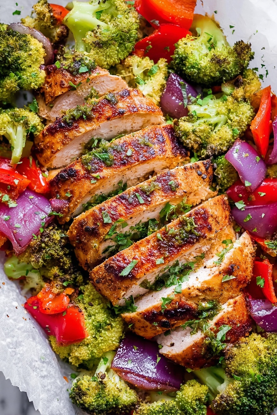 The image shows a white baking tray lined with parchment paper filled with two pieces of cooked chicken sliced into seven pieces each, placed diagonally in the center. Surrounding the chicken are bright green broccoli florets, chunks of deep red bell peppers, and pieces of purple onion scattered evenly across the tray. The chicken has a golden-brown, grilled texture with some herbs sprinkled on top, and the vegetables look roasted with a slight sheen from oil. Fresh chopped green herbs are sprinkled all over the dish, adding a touch of color contrast. The tray rests on a white marbled surface. Photo taken with an iphone --ar 2:3 --v 7