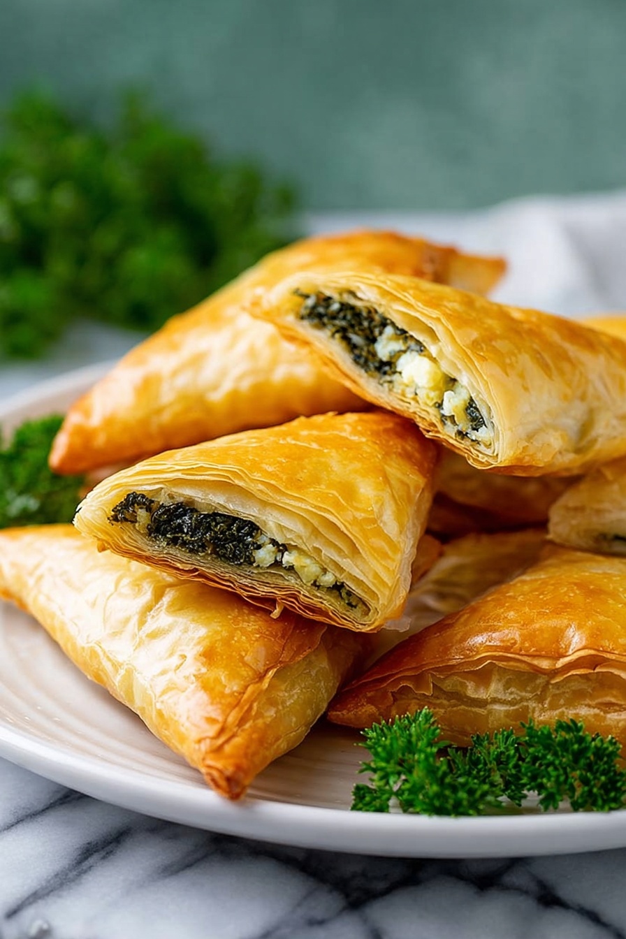 The image shows a white plate filled with golden brown triangle-shaped pastries. Two pastries are cut open and placed on top, showing layers of thin, crisp outer dough with a dark green and white filling inside. The pastries look flaky and light, with slightly shiny surfaces. Around the plate, there are small green parsley garnishes adding color. The plate sits on a white marbled surface with a blurred green background. photo taken with an iphone --ar 2:3 --v 7