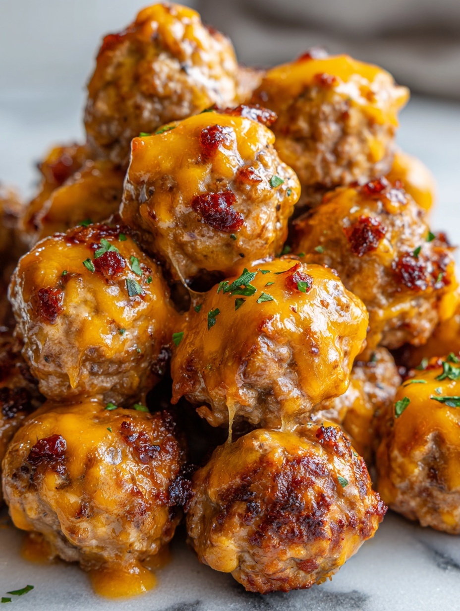 The image shows a close-up of round meatballs covered with melted orange cheddar cheese, each meatball having a slightly rough brown texture mixed with the gooey cheese on top. Underneath the cheese, small bits of reddish cooked bacon peek out, adding a crispy layer at the base of some meatballs. Small flecks of green herbs are sprinkled on top for color contrast. The meatballs are stacked closely together, filling the frame, all set on a background with a white marbled texture. photo taken with an iphone --ar 2:3 --v 7