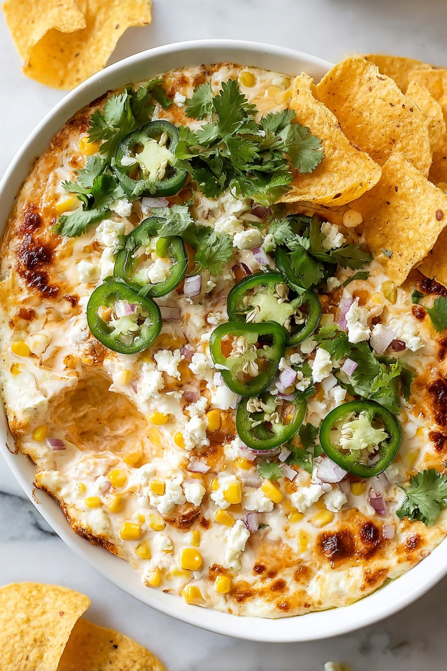 The dish is a white plate filled with a creamy, baked dip base that is light yellow with browned spots on the surface. The first layer is melted cheese with scattered yellow corn kernels and small bits of red onion. On top of this, bright green jalapeno slices are spread, along with crumbled white cheese. The dip is garnished heavily with fresh green cilantro leaves on one side of the plate. Several golden-yellow tortilla chips are dipped into the creamy dip, covered with more corn and cheese. The plate is set on a white marbled surface. photo taken with an iphone --ar 2:3 --v 7
