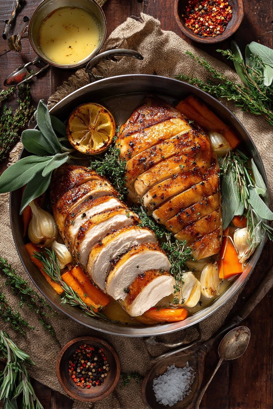 A white round dish filled with several thick slices of roasted chicken layered slightly overlapping in the center, each piece covered with a smooth light brown sauce sprinkled with black pepper. Around the chicken are large green sage leaves and sprigs of fresh thyme. On the left side near the chicken, there is a cut half of a roasted lemon showing a dark brown charred surface, next to a garlic bulb with a golden roasted top. Beneath some chicken slices, small pieces of orange carrot and herbs are visible. The dish rests on a white marbled surface. Photo taken with an iphone --ar 2:3 --v 7