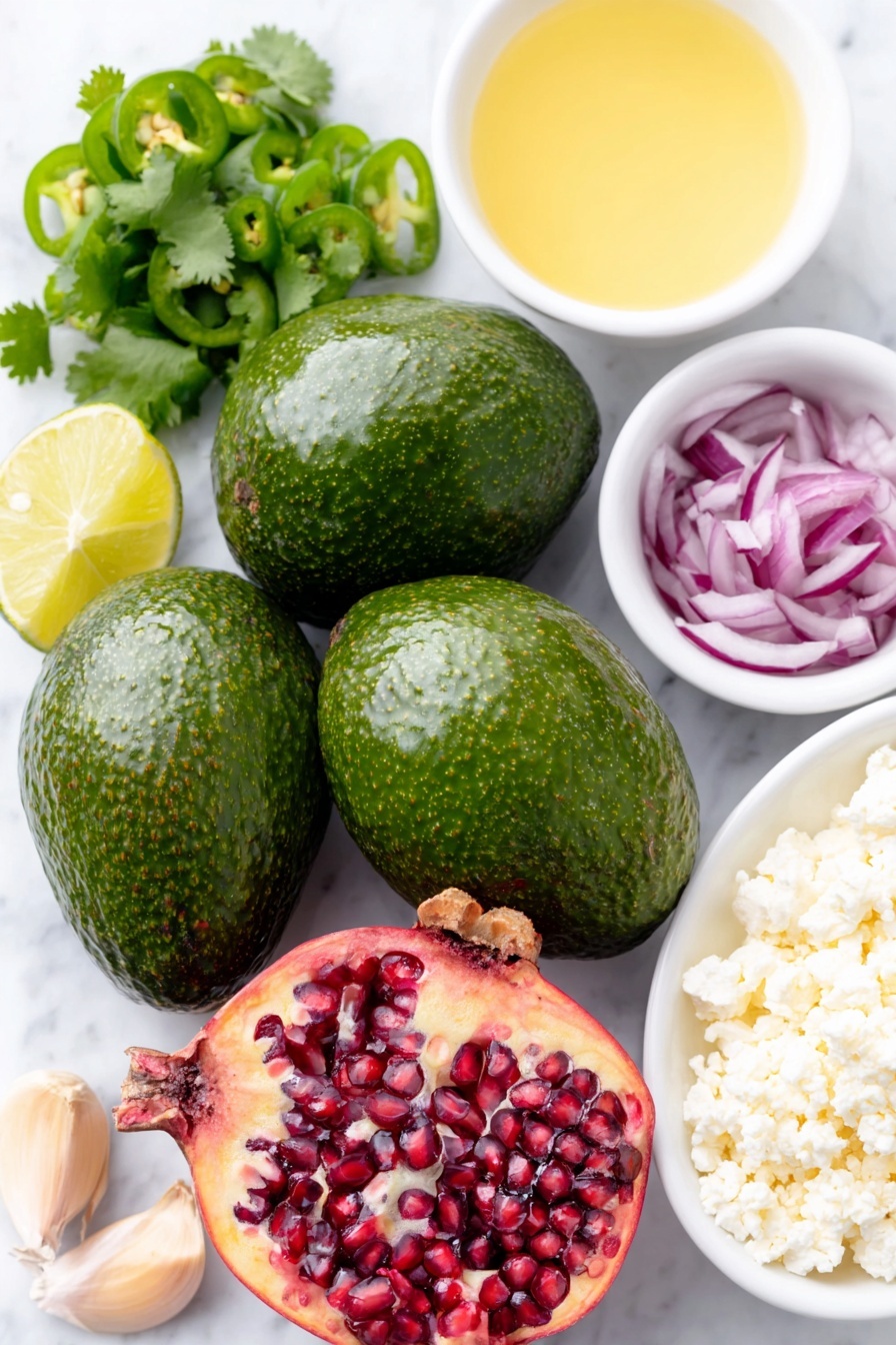 Flat lay of four medium ripe avocados, two whole garlic cloves, one small white ceramic bowl of fresh lime juice, one small white ceramic bowl of salt, half a medium red onion chopped, a small bunch of fresh cilantro leaves chopped, two small green jalapeños sliced, one medium pomegranate split open showing bright red arils, and a small white ceramic bowl of crumbled feta cheese, all arranged with perfect symmetry on a clean white marble surface, soft natural light, photo taken with an iPhone, professional food photography style, fresh ingredients, white ceramic bowls, no bottles, no duplicates, no utensils, no packaging --ar 2:3 --v 7 --p m7354615311229779997