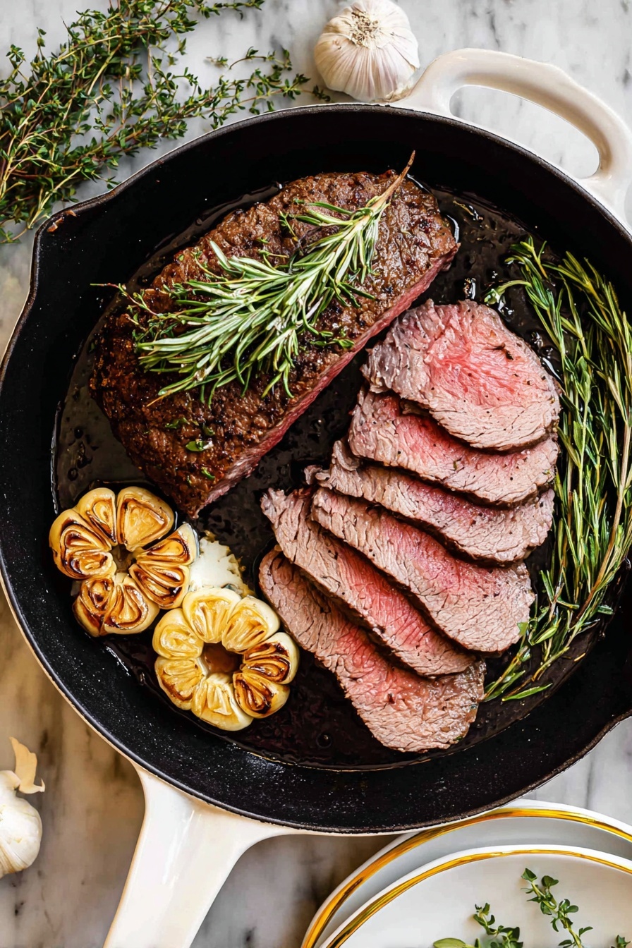 The image shows two thick slices of pink roast beef with a brown crust, placed side by side on a white plate. On top of each slice is a smooth, creamy white sauce with small black pepper flakes. To the right of the beef, there is a half head of roasted garlic with a golden-brown surface and separated cloves. A green sprig of rosemary lies diagonally on the plate near the garlic. The plate rests on a white marbled surface. photo taken with an iphone --ar 2:3 --v 7