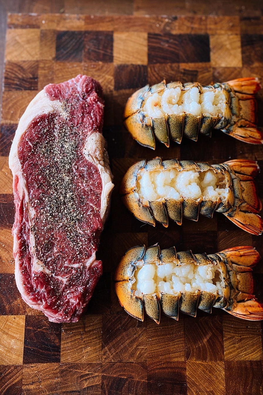 The image shows a wooden cutting board with a large red steak on the left, sprinkled with coarse black and white pepper, showing marbled texture of fat and meat. To the right of the steak are four lobster tails, arranged side by side, each showing beige and white meat with a slightly translucent, shiny texture, with darker orange and brown shell ends facing the bottom. The cutting board has a checkered pattern of rich wood colors, creating a warm background. The photo taken with an iphone --ar 2:3 --v 7