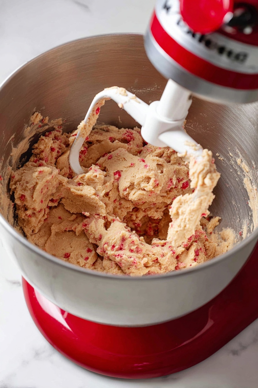 A close-up view inside a silver mixing bowl attached to a red stand mixer, showing chunky cookie dough with a light tan color mixed with small bits of red throughout. The dough clings to the white paddle beater in the center, which has dough stuck on its edges, and also sits thickly at the bottom and sides of the bowl. The whole scene is set on a white marbled surface. photo taken with an iphone --ar 2:3 --v 7