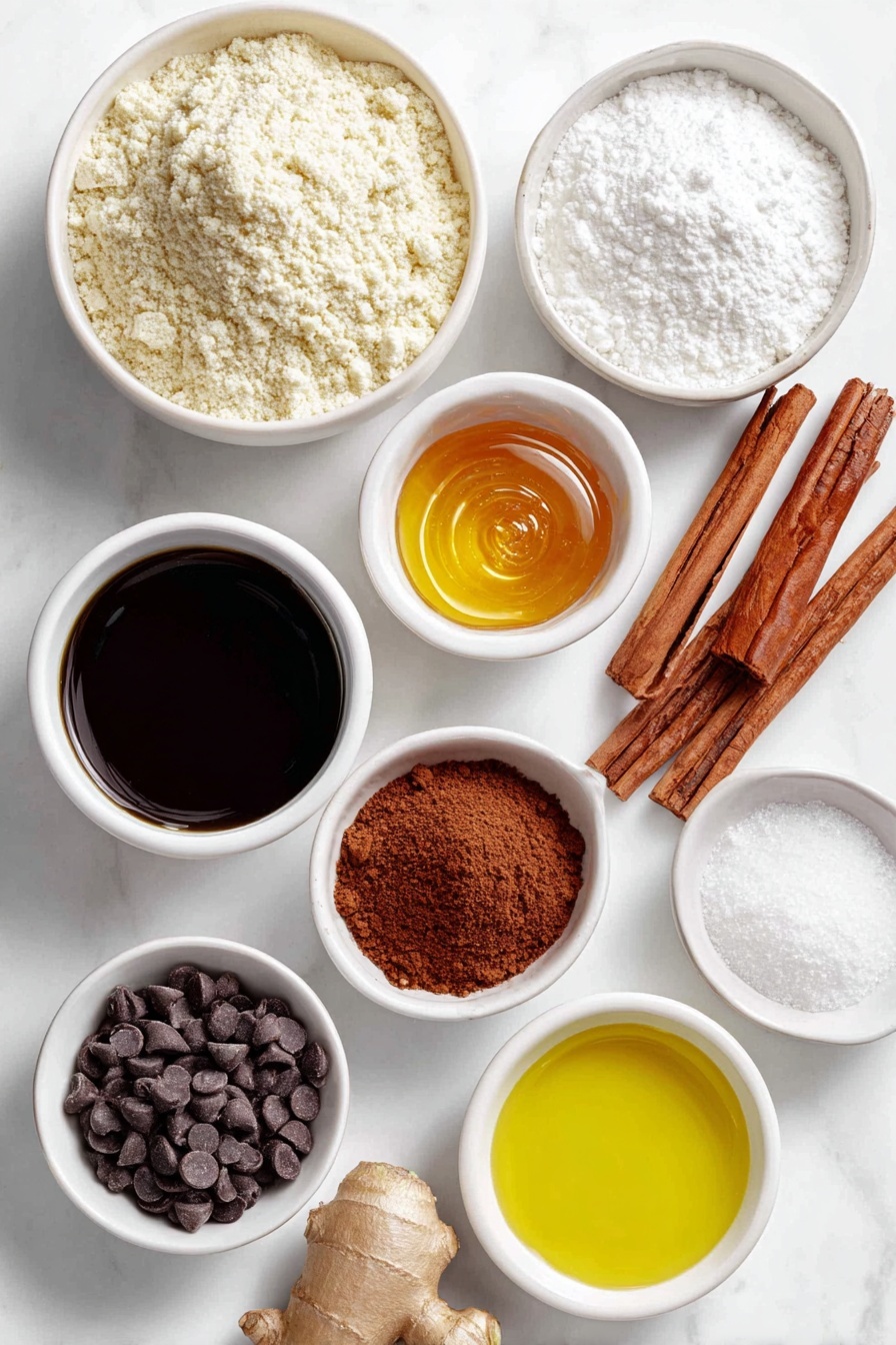 Flat lay of a small mound of almond flour, a small mound of coconut flour beside it, a small white ceramic bowl filled with golden honey, a small white ceramic bowl containing thick dark molasses, a small white ceramic bowl of smooth almond butter, a few whole cinnamon sticks next to a small pile of ground cinnamon powder, a small pile of ground ginger, a small white ceramic bowl with fine salt, a handful of glossy chocolate chips next to a small white ceramic bowl holding clear melted coconut oil droplets, all arranged in perfect symmetry on a clean white marble surface, soft natural light, photo taken with an iPhone, professional food photography style, fresh ingredients, white ceramic bowls, no bottles, no duplicates, no utensils, no packaging --ar 2:3 --v 7 --p m7354615311229779997