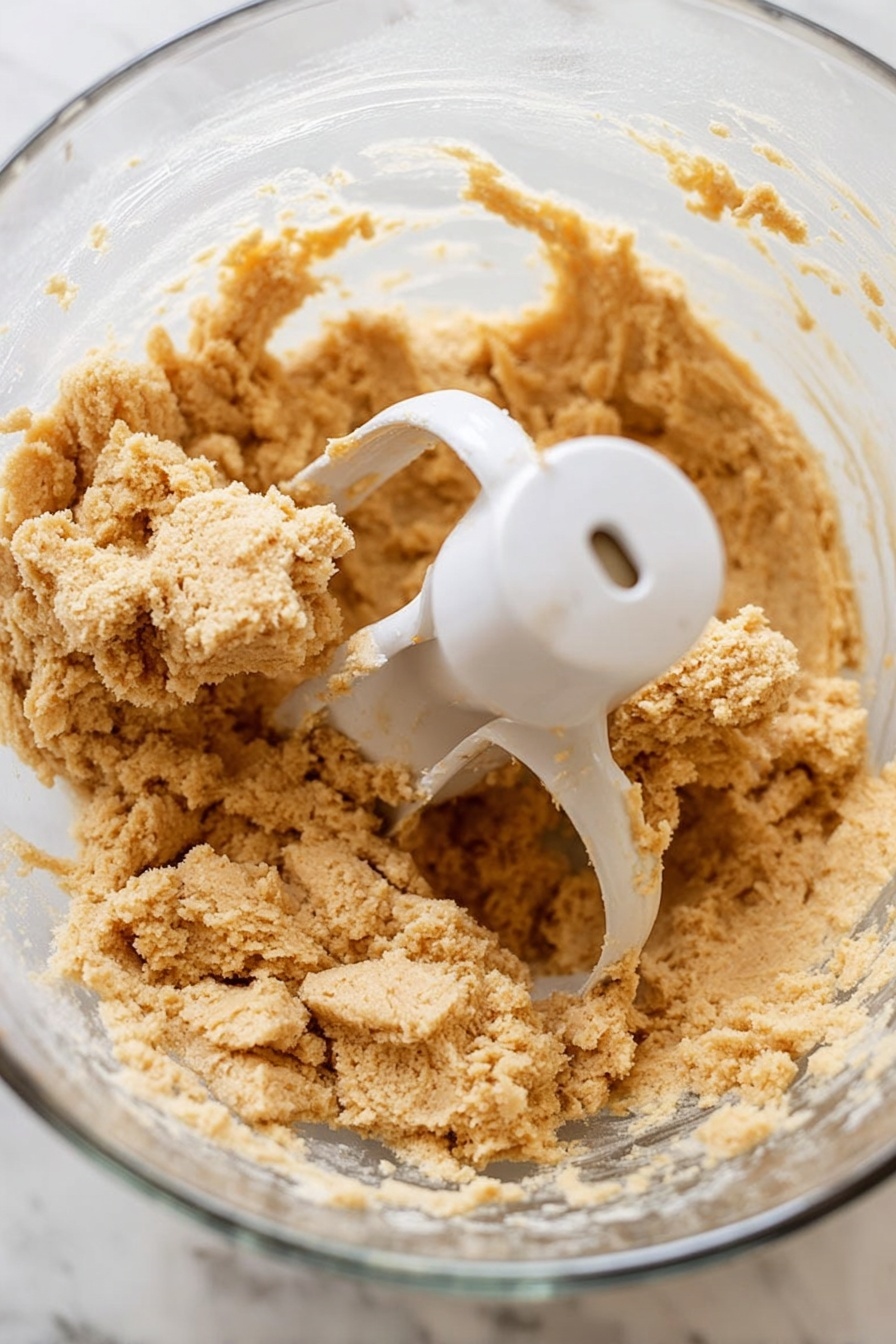 A glass mixing bowl contains thick, light brown dough with a crumbly texture. Inside the bowl, a white mixing attachment with a central stem and two blades is partially covered by the dough, holding some chunks of it as if stirring. The dough looks soft but firm, with some rough, uneven clumps around the edges of the bowl. The background shows a white marbled texture surface. photo taken with an iphone --ar 2:3 --v 7