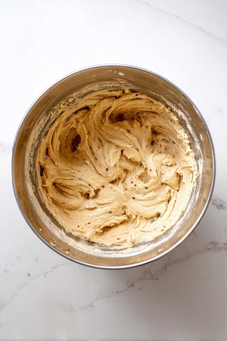 A top-down view of a silver mixing bowl filled with creamy light brown dough or batter, with visible soft swirls and folds creating a textured pattern all around the inside edges and center. The dough shows tiny darker specs throughout, suggesting added spices or flavor bits. The bowl is placed on a white marbled surface with subtle gray veins that add gentle contrast. The metal bowl has a shiny finish with some reflections along its rim and inner sides. photo taken with an iphone --ar 2:3 --v 7