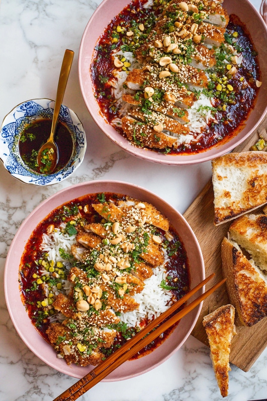 The image shows a white marbled table with a pink plate that holds a layered dish. At the bottom, there is white rice mixed with small green vegetables and pieces of light yellow fruit or vegetable. Above the rice, there are five slices of crispy brown chicken arranged neatly in a row, showing the white inside meat. The chicken is covered with sesame seeds and green herb pieces. A woman's hand with red nail polish is holding wooden chopsticks picking up one chicken slice. Next to the plate, there is a small white bowl with blue patterns filled with a dark brown sauce with green herbs. White flowers and a container with black and white polka dots are in the background. Photo taken with an iphone --ar 2:3 --v 7
