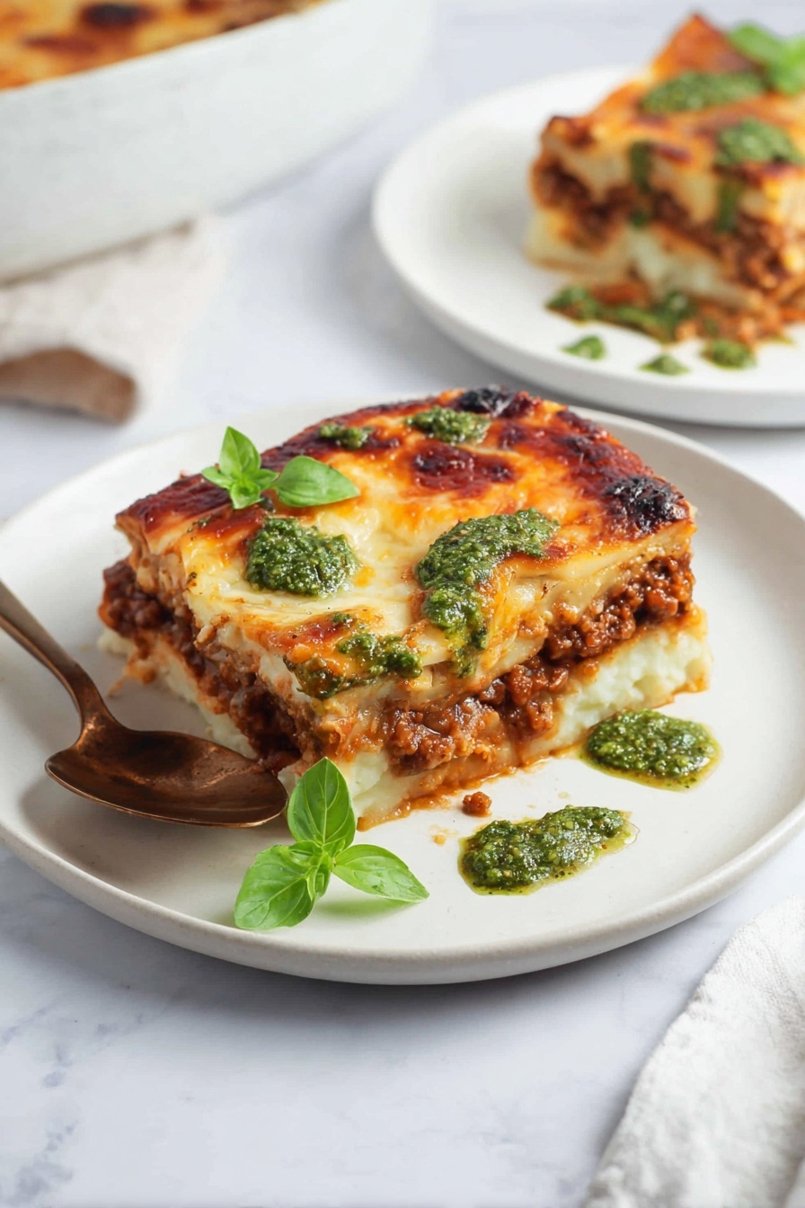 A thick square piece of baked lasagna sits on a white plate over a white marbled surface. There are three visible layers: the bottom layer is a pale, creamy mashed potato base; the middle layer is a rich brown meat sauce; and the top layer is a golden, melted cheese crust with browned spots. Dollops of vibrant green pesto sauce are spread on top and around the lasagna, with fresh green basil leaves adding a fresh touch. A bronze spoon rests on the plate’s left side with some lasagna on it. In the background, there is another white plate with a similar lasagna piece and an out-of-focus white dish with more lasagna. The photo was taken with an iphone --ar 2:3 --v 7