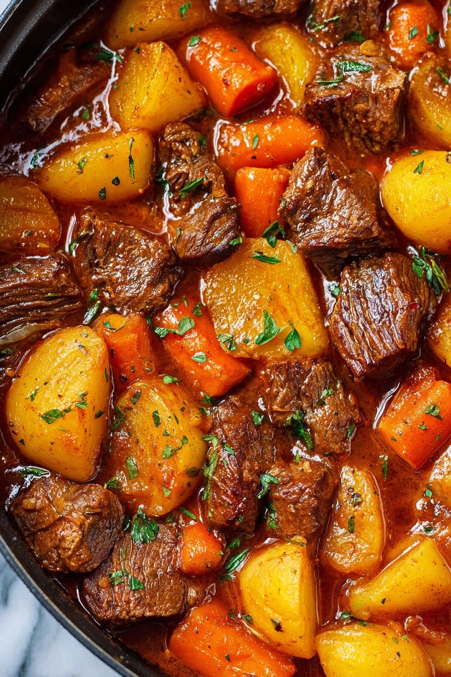 The image shows a close-up of a rich beef stew with several layers: tender dark brown beef chunks, bright orange carrot pieces, and golden yellow potato pieces, all mixed with translucent cooked onion pieces. The thick reddish-brown stew sauce coats everything, with small green herb leaves scattered on top for color and freshness. The dish is in a deep pan on a white marbled surface, showcasing the hearty, rustic texture of the stew. photo taken with an iphone --ar 2:3 --v 7