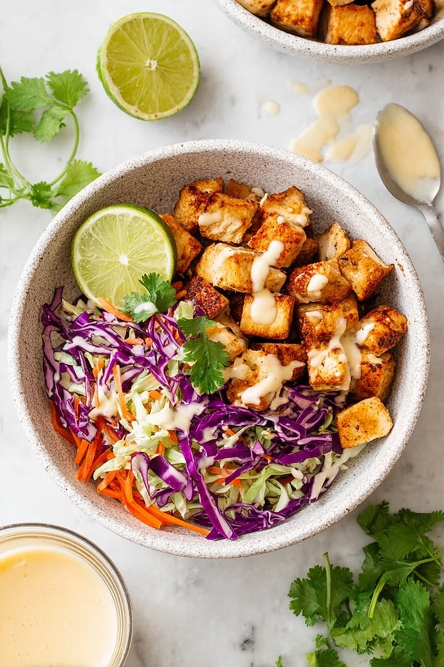 A white speckled bowl on a white marbled surface holds a colorful dish divided into two main parts. One half is filled with cubes of golden-brown seasoned chicken topped with a light cream sauce, showing a slightly crispy texture on the edges. The other half has a mix of shredded purple and white cabbage, thin strips of orange carrot, and fresh green cilantro leaves scattered on top, creating a fresh, crunchy look. A bright green lime wedge sits on the edge inside the bowl. Around the bowl, there are fresh cilantro sprigs, a lime half, and droplets of the same cream sauce. A glass with more cream sauce is placed nearby. photo taken with an iphone --ar 2:3 --v 7