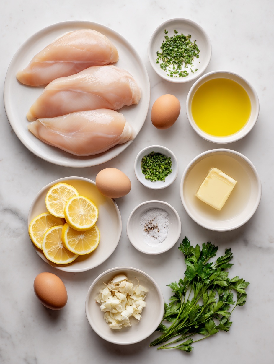Flat lay of boneless skinless chicken breasts, a small white bowl with golden olive oil, a few whole uncracked brown eggs, a small white bowl of melted butter, a small white bowl of minced fresh garlic, a small white bowl of light chicken broth, a small white bowl of bright yellow lemon juice, fresh green chopped parsley scattered, fresh lemon slices arranged neatly, salt and pepper grains sprinkled, all ingredients placed on simple white ceramic dishes arranged symmetrically, placed on a clean white marble surface, soft natural light, photo taken with an iPhone, professional food photography style, fresh ingredients, white ceramic bowls, no bottles, no duplicates, no utensils, no packaging --ar 2:3 --v 7 --p m7354615311229779997