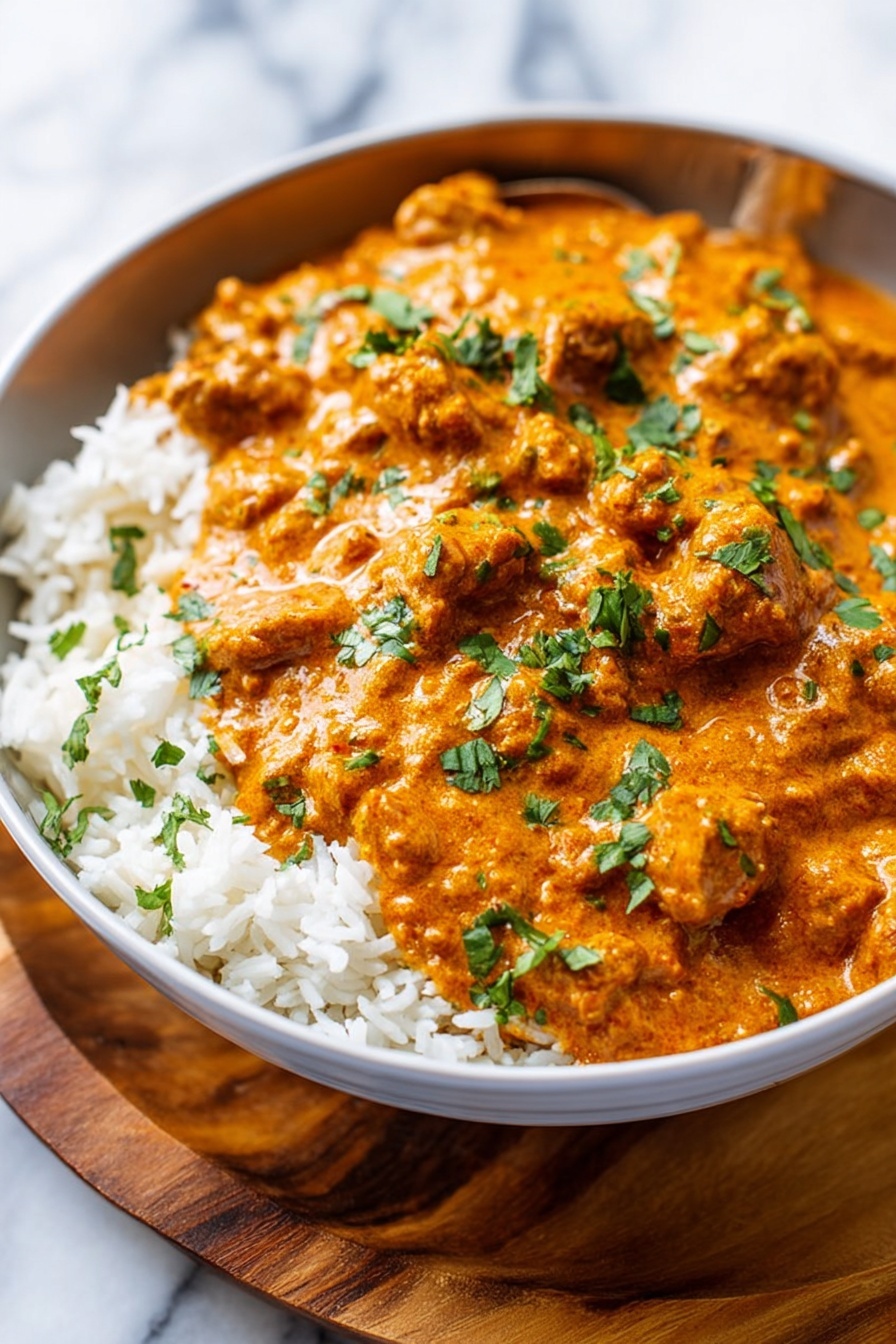 A close-up of a white bowl filled with two layers: the bottom layer is fluffy white rice with distinct grains, and the top layer is thick, creamy orange curry with tender pieces of meat mixed in. The curry has a rich, smooth texture with visible chunks, and it is garnished with bright green chopped herbs scattered on top. The bowl is placed on a round wooden board, and the background shows a white marbled surface. photo taken with an iphone --ar 2:3 --v 7