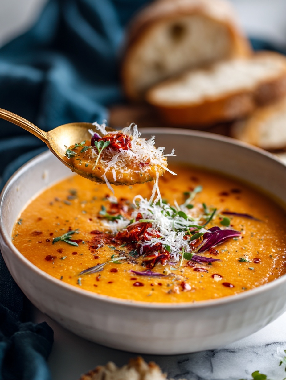 A deep white bowl holds smooth orange soup topped with small pieces of roasted red and purple vegetables, a sprinkle of thin white cheese shreds, and green herb leaves. A golden spoon lifts a spoonful of the soup with cheese and a vegetable piece. In the blurry background, there are slices of brown crusty bread on a white marbled surface, with a dark blue cloth next to the bowl. The overall image is warm and inviting with a rustic touch. photo taken with an iphone --ar 2:3 --v 7