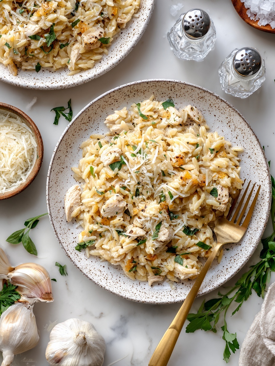 A white plate filled with creamy orzo pasta mixed with pieces of cooked chicken and sliced mushrooms, all coated in a light sauce. The dish is topped with grated cheese and small green herb leaves scattered over the top. A golden fork rests on the side of the plate, partially under the pasta. Around the plate, there is a small bowl of grated cheese, a garlic bulb with a single clove peeled, two small clear salt and pepper shakers, and some fresh herbs all set on a white marbled surface. photo taken with an iphone --ar 2:3 --v 7
