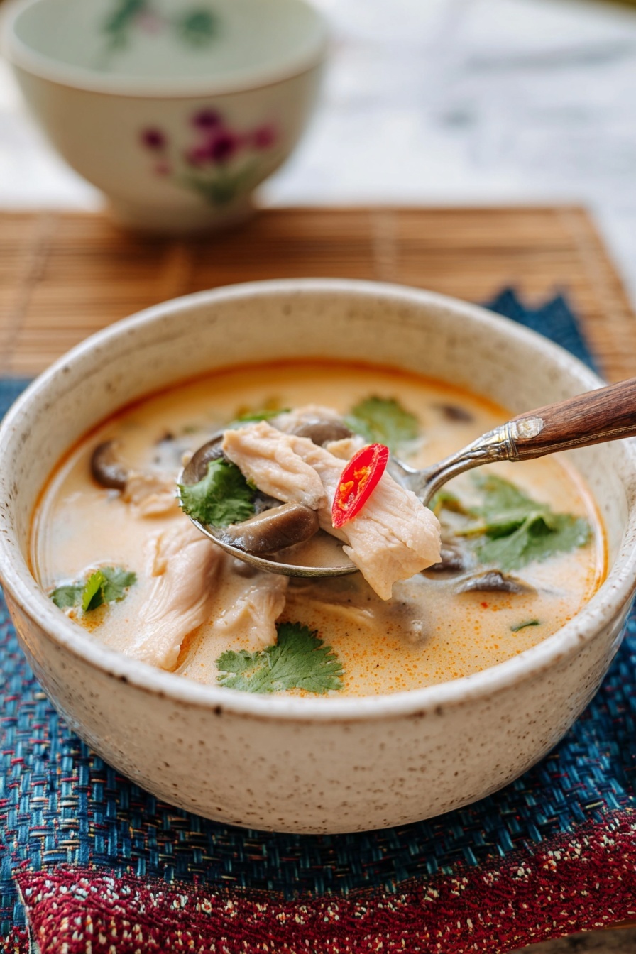 A white speckled bowl holds a creamy, light orange soup filled with several layers: soft light pink chicken slices, pale beige mushroom pieces, and bright green cilantro leaves floating in the broth. A single small red chili rests on top, adding a touch of color. A silver spoon with a brown wooden handle lifts a portion of the chicken and broth from the bowl. The bowl is placed on a textured blue and red woven cloth that sits on a brown bamboo mat. In the background, a white bowl with faint floral designs is softly blurred. The setting is on a white marbled surface. photo taken with an iphone --ar 2:3 --v 7