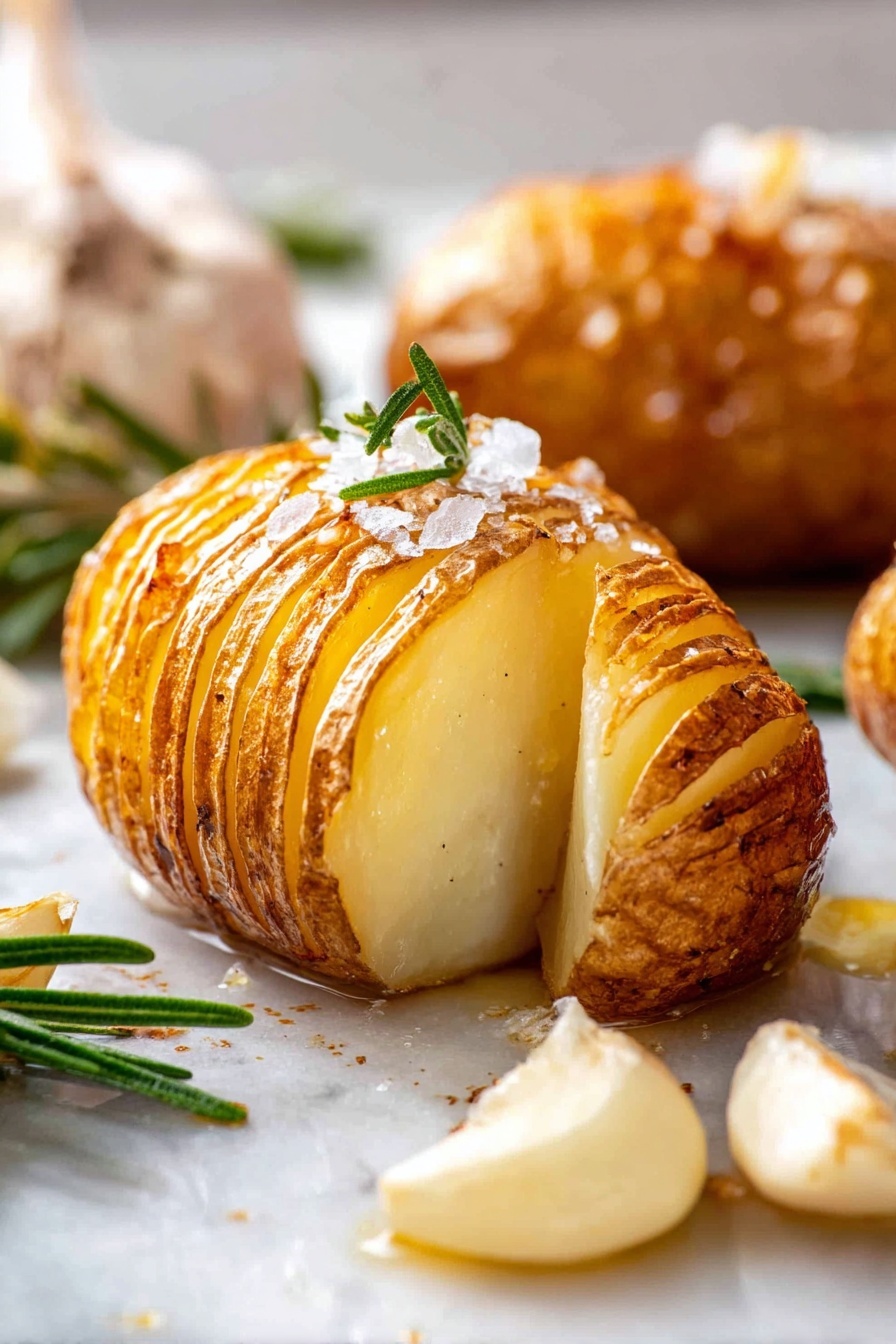 The image shows a close-up of a roasted potato sliced halfway, revealing a soft, creamy white inside with a golden brown crispy skin that has fine horizontal cuts. The potato is garnished on top with coarse salt and a small sprig of fresh green rosemary. Around it on the white marbled surface are whole garlic cloves and more rosemary sprigs, with a light glaze of oil adding shine. In the background, another whole roasted potato with a similar cut and golden skin is softly out of focus. The photo taken with an iphone --ar 2:3 --v 7