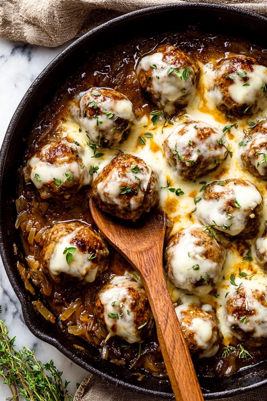 The image shows a black skillet filled with about 12 round meatballs topped with melted white cheese that is slightly browned in spots. Beneath them is a thick layer of cooked onions in a brownish sauce, visible around the meatballs and edges of the skillet. Small green herb leaves are sprinkled over the meatballs and sauce for color. A wooden spoon is laying inside the skillet, resting on the sauce between the meatballs. The skillet sits on a white marbled surface with sprigs of fresh thyme scattered nearby. Photo taken with an iphone --ar 2:3 --v 7