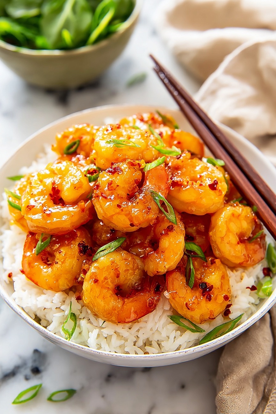 A white bowl filled halfway with white rice that has a soft texture, topped with a large pile of shiny cooked shrimp covered in a sticky orange sauce with small red chili flakes. The shrimp are slightly curled, glossy, and garnished with small green onion slices scattered over the top. A pair of wooden chopsticks rests on the bowl's edge. The bowl is on a white marbled surface with a soft blurred background. Photo taken with an iphone --ar 2:3 --v 7