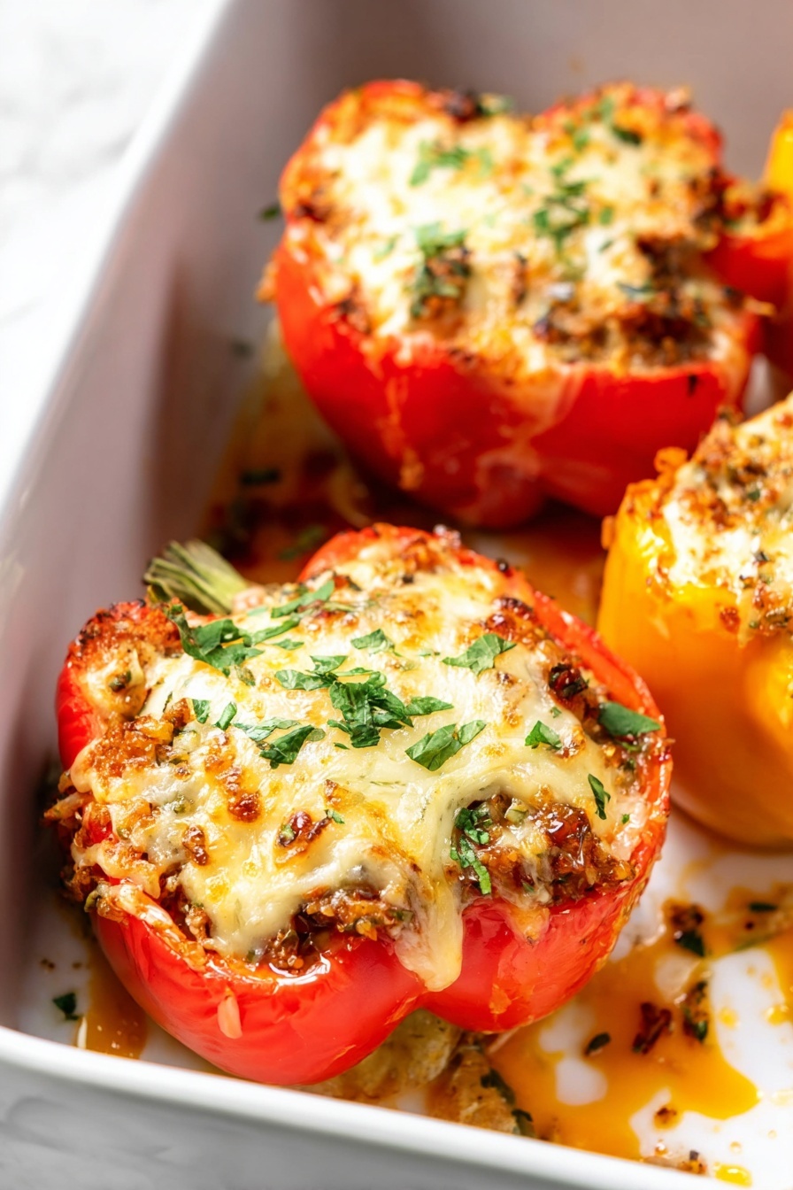 The image shows three stuffed bell peppers in a white baking dish, each cut in half and filled with a finely chopped mix of brown and green ingredients, topped with melted light yellow cheese with some browned spots and sprinkled with small green herb bits. The peppers themselves are vibrant red and orange, with their smooth skin slightly wrinkled from baking. Juices and small bits of filling have spilled around the peppers in the dish, creating a glossy mix of orange and brown hues on the white surface with green herb flecks scattered on top. The whole scene is on a white marbled texture background. Photo taken with an iphone --ar 2:3 --v 7