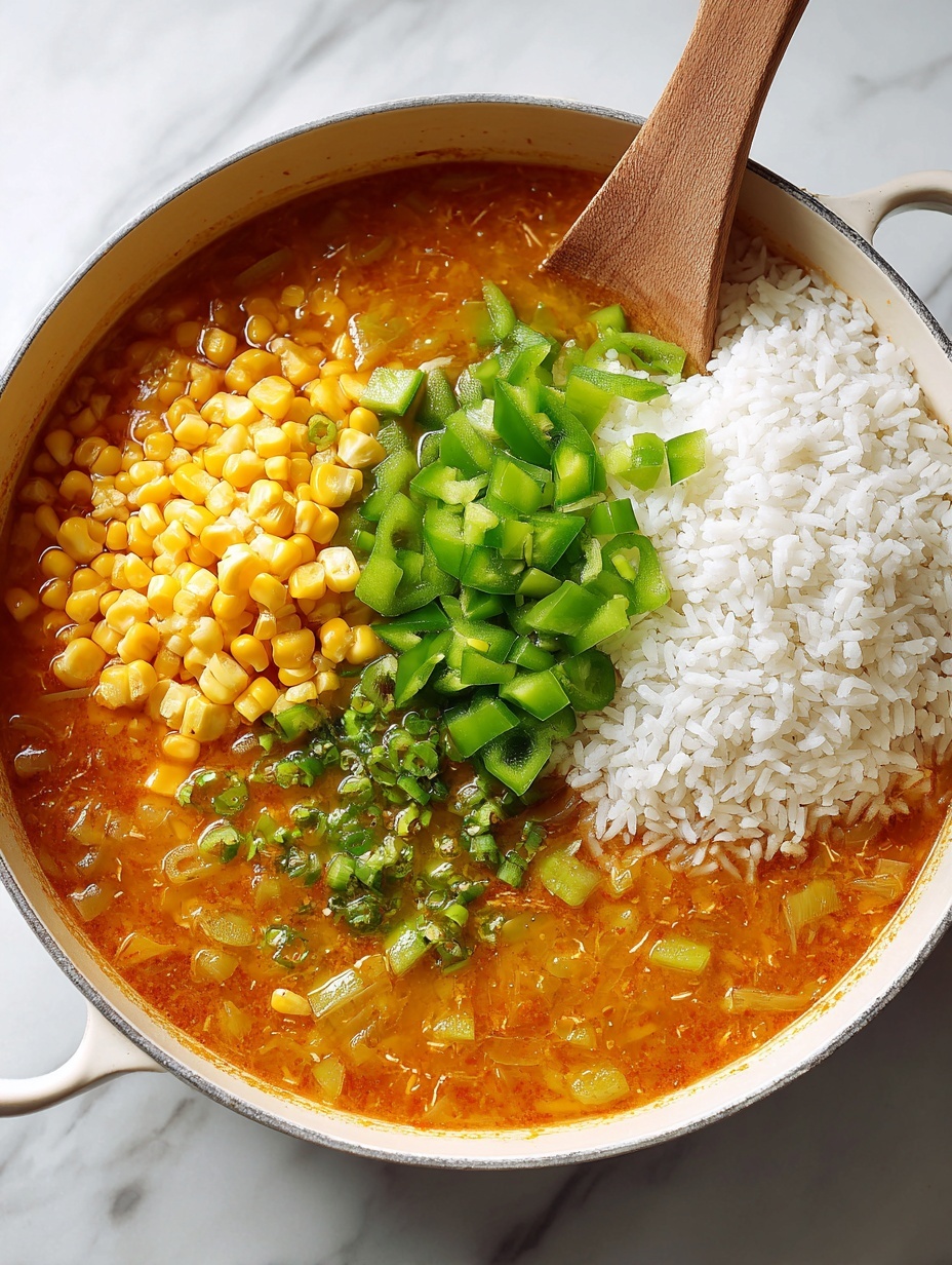 A white plate holds a serving of seasoned rice with small pieces of browned meat mixed in, along with bits of red and yellow bell peppers, and small chunks of green vegetables. The top is scattered with chopped green onions adding a fresh color contrast. A silver fork with a wooden handle rests on the plate's edge. The plate sits on a patterned cloth with blue and red designs, placed on a wooden table. In the background, a red pot with blurred contents and a wooden spoon are visible against a white marbled texture surface. photo taken with an iphone --ar 2:3 --v 7