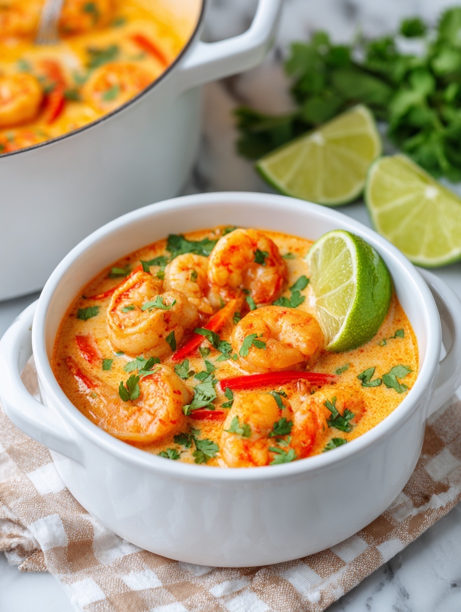 The image shows a white bowl filled with three main layers. The bottom layer is a creamy orange sauce that partly fills the bowl. On one side, there is a layer of fluffy white rice with grains clearly visible. The top layer is a mix of cooked shrimp that have a light pink color with some seasoning, small broccoli pieces, red bell pepper chunks, and bright yellow pineapple pieces scattered across. Fresh green cilantro leaves and red chili flakes are sprinkled over everything, adding texture and color. A brass spoon handle rests inside the bowl on the left side. The bowl sits on a white marbled textured surface. photo taken with an iphone --ar 2:3 --v 7