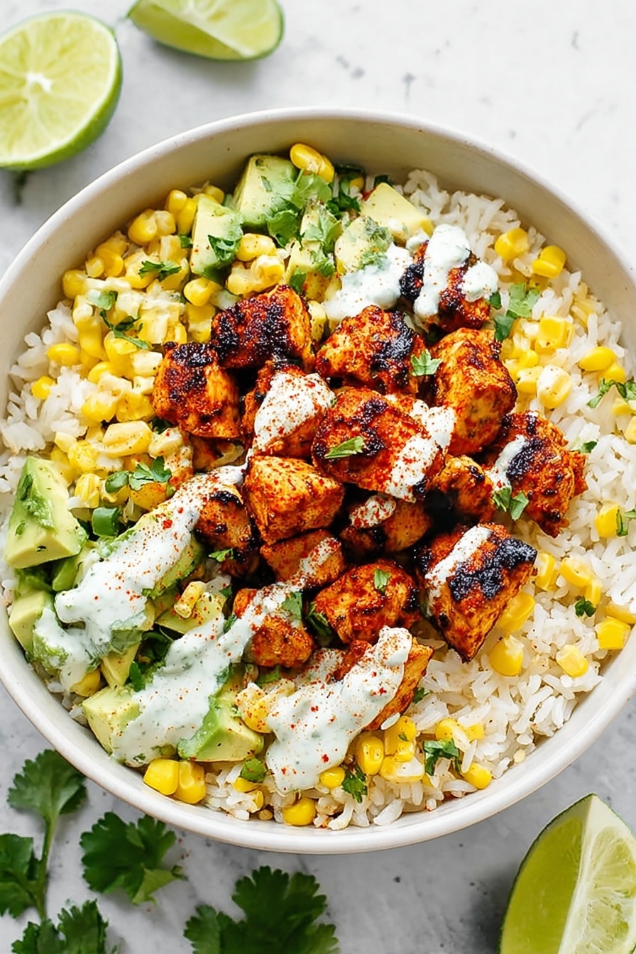 A white bowl filled with a bottom layer of fluffy white rice mixed with small pieces of yellow corn and bits of green cilantro. On top of the rice is a layer of small grilled chicken cubes, showing a charred, golden-brown texture with a slight crisp on the edges. Over the chicken, there is a drizzle of white sauce sprinkled with red seasoning. Around the edges of the bowl, there are chunks of green avocado and several fresh cilantro leaves, with a lime wedge resting on the side. The bowl sits on a white marbled surface with a half lime and some cilantro leaves nearby. Photo taken with an iphone --ar 2:3 --v 7