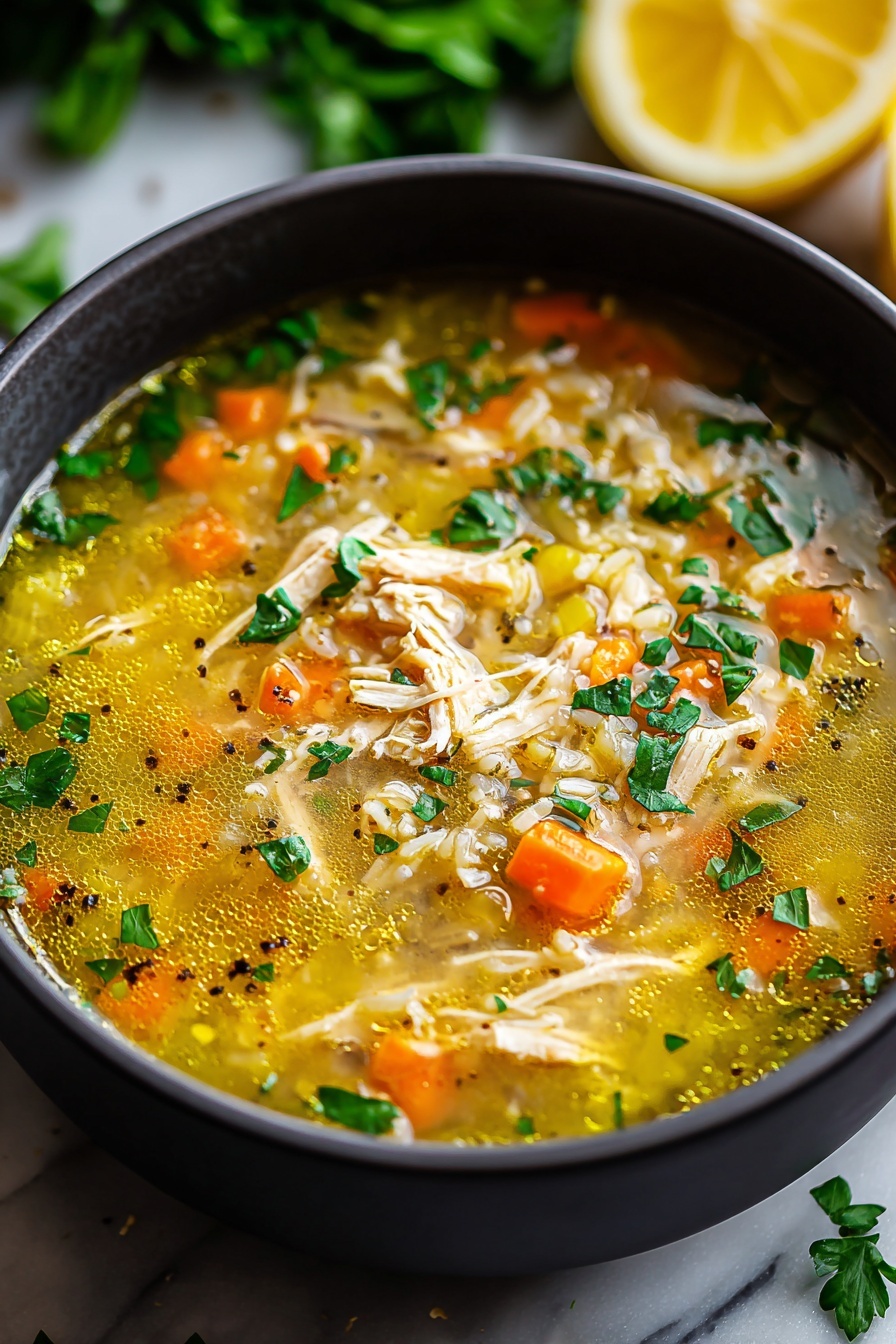 A dark round bowl sits on a white marbled surface, filled with a warm chicken soup. The soup contains three main layers: a clear light yellow broth, tender shredded chicken pieces, and small carrot chunks with celery bits mixed in. On top, bright green chopped parsley is sprinkled, adding vibrant color. The soup looks rich with flecks of black pepper spread evenly. In the background, a sliced lemon half and some blurred green leaves add freshness to the scene. The overall look is warm and inviting, captured clearly with soft natural light. photo taken with an iphone --ar 2:3 --v 7