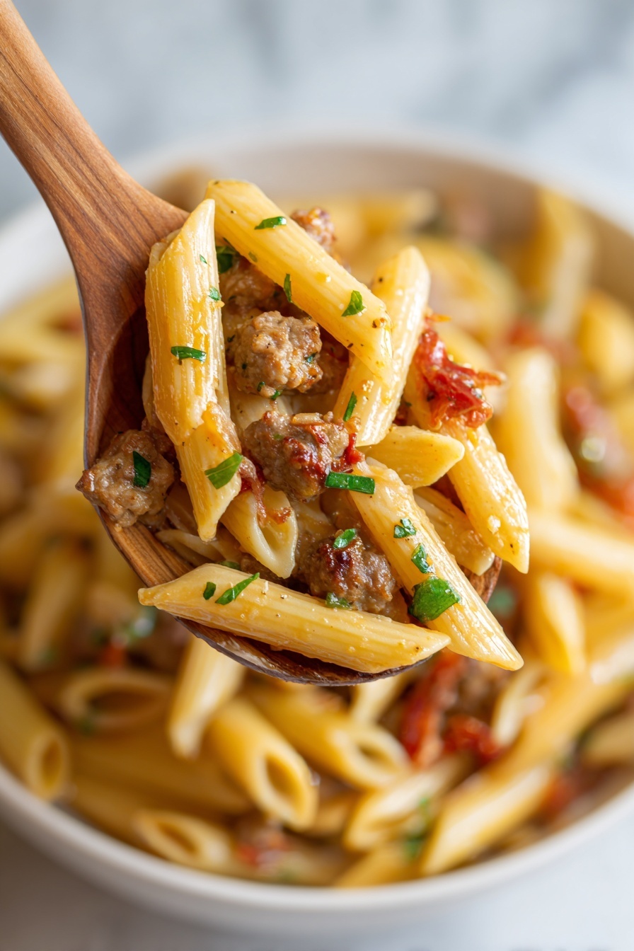 A wooden spoon holds a close-up of penne pasta mixed with small pieces of browned sausage and bits of tomato, all coated lightly in a creamy sauce. Chopped green herbs are sprinkled over the pasta, adding a fresh touch. The background shows more pasta in a white bowl with a soft focus on a white marbled surface. Photo taken with an iphone --ar 2:3 --v 7